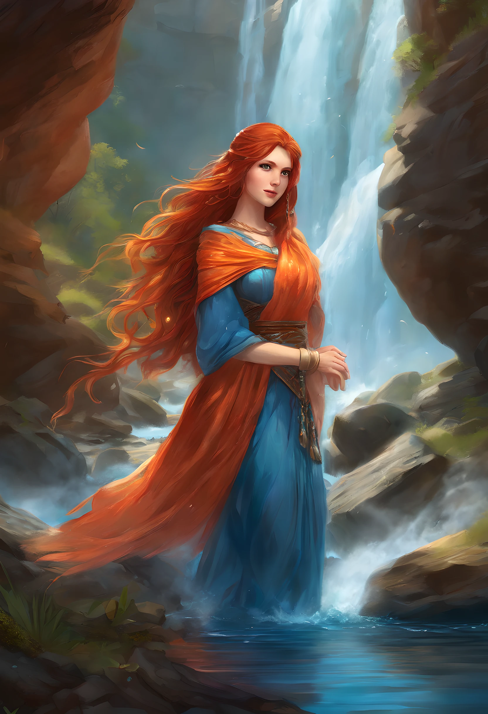 fantasy art, photorealistic, D&D art, a picture of a female monk sitting and meditating near a waterfall, at the base of the waterfall,  there is a human woman monk wearing monk garbs, meditating near a bonfire near an (epic sized waterfall: 1.3), red hair, long hair, full body (best details, Masterpiece, best quality :1.5), ultra detailed face (best details, Masterpiece, best quality :1.5), ultra feminine (best details, Masterpiece, best quality :1.5), exquisite beautiful (best details, Masterpiece, best quality :1.5) red hair, long hair, wavy hair, pale skin, blue eyes, intense eyes, water coming down from a volcanic cliff, multi level water falls, several pools created in different levels, forming new waterfalls, water cascading into a (large lava pool: 1.3) steam rising, clear water in many hues of blue and azure falling, ultra best realistic, best details, best quality, 16k, [ultra detailed], masterpiece, best quality, (extremely detailed), ultra wide shot, photorealism, depth of field, hyper realistic painting, magv1ll