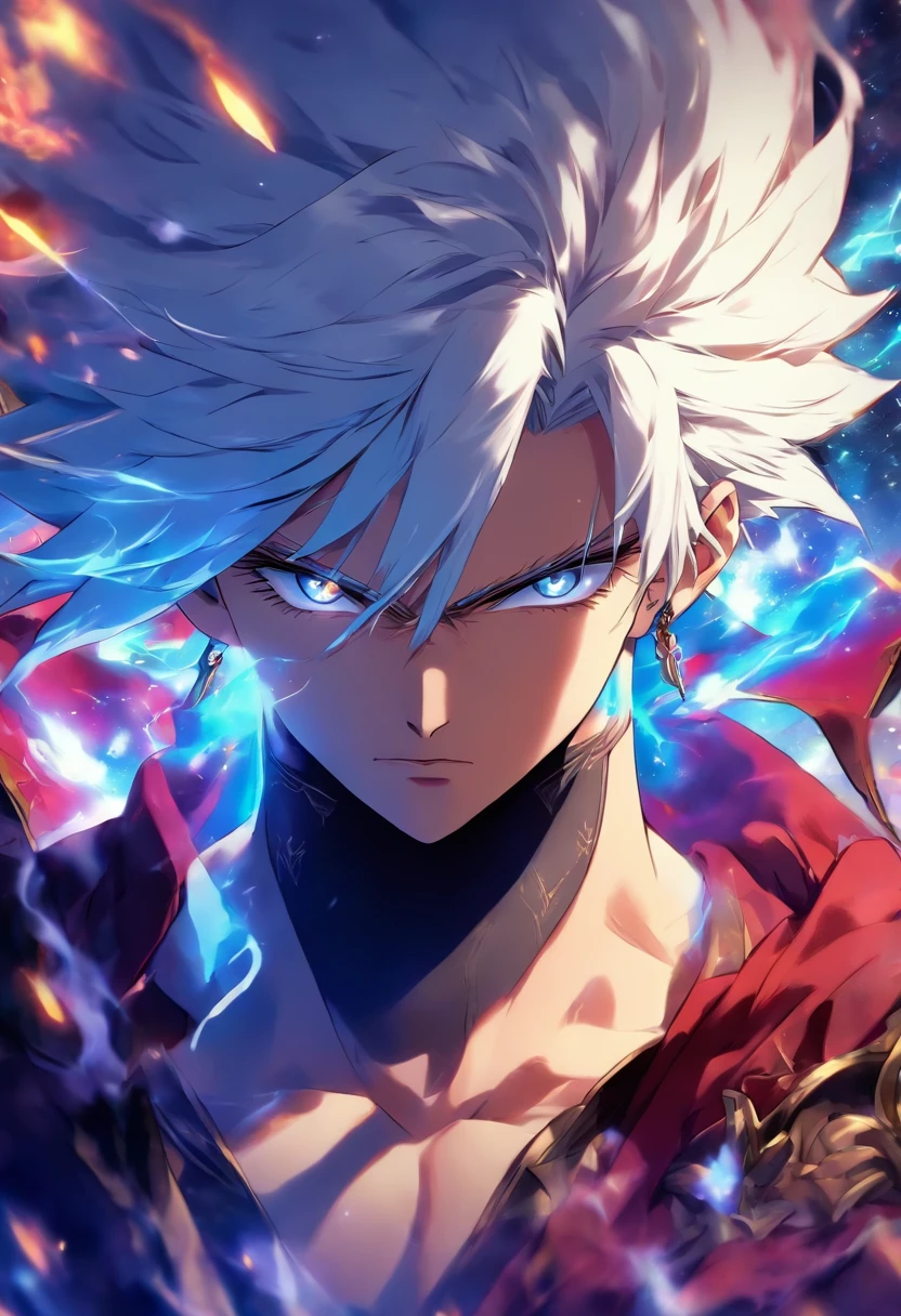 a male anime character with white hair and blue eyes, character album cover, full art, antasy character, full art illustration, full portrait of elementalist, character profile art, official character art, official character illustration, merlin, high detailed official artwork, game key art, omoide emanon, oz, mobile game art, among us character