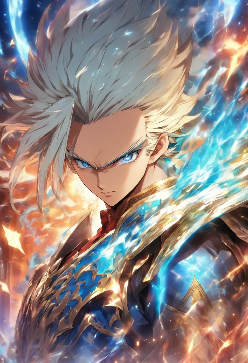 a male anime character with white hair and blue eyes, character album cover, full art, antasy character, full art illustration, full portrait of elementalist, character profile art, official character art, official character illustration, merlin, high detailed official artwork, game key art, omoide emanon, oz, mobile game art, among us character