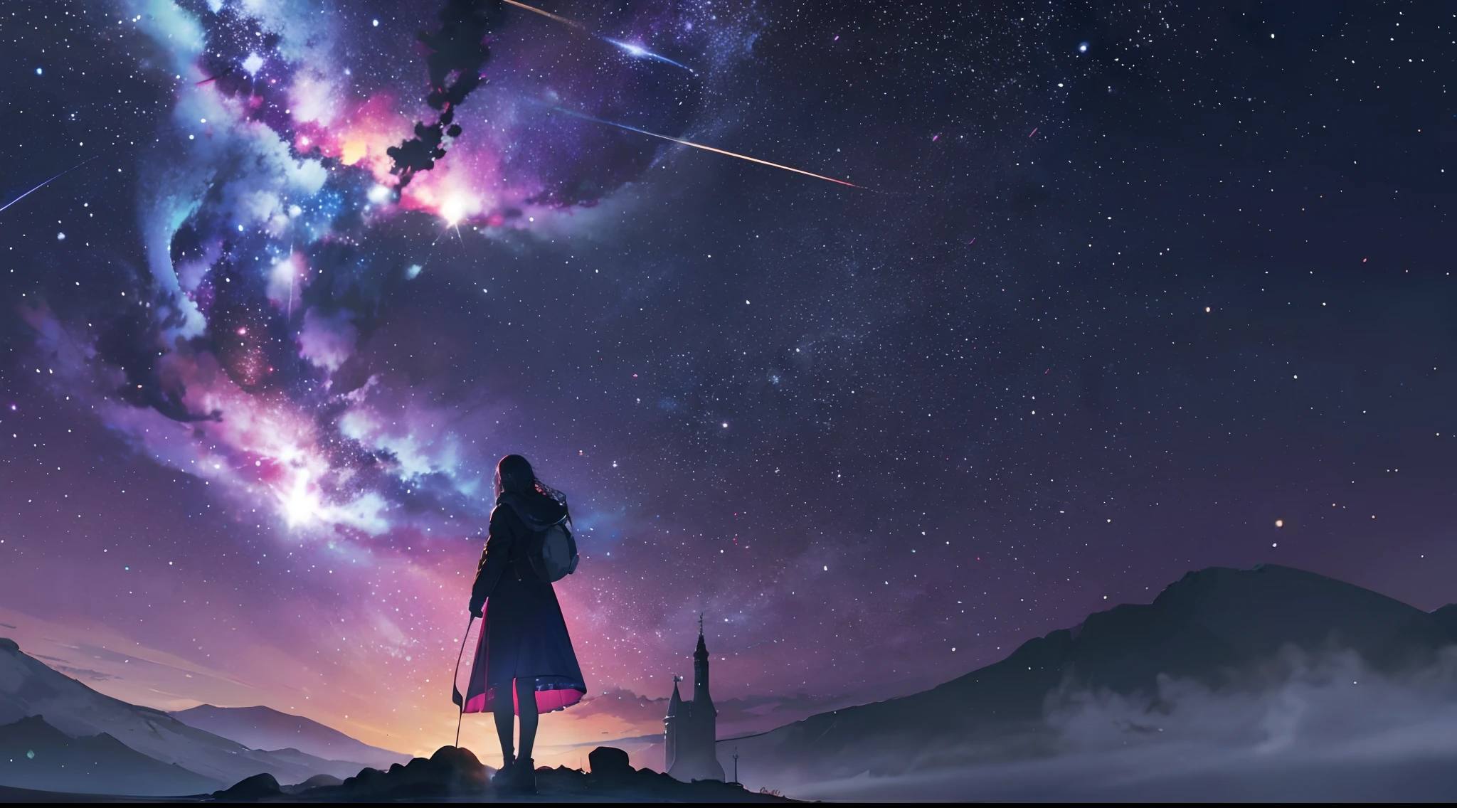 {{obra maestra}}, mejor calidad, fondo de pantalla CG unidad 8k extremadamente detallado, cinematography lighting, destello de lente,detalle, purpura, particulas, stars, galaxy, nebulosas moradas, landscape, hermoso, gamma morados, paramo solitario, no hay nadie, solo siluetas