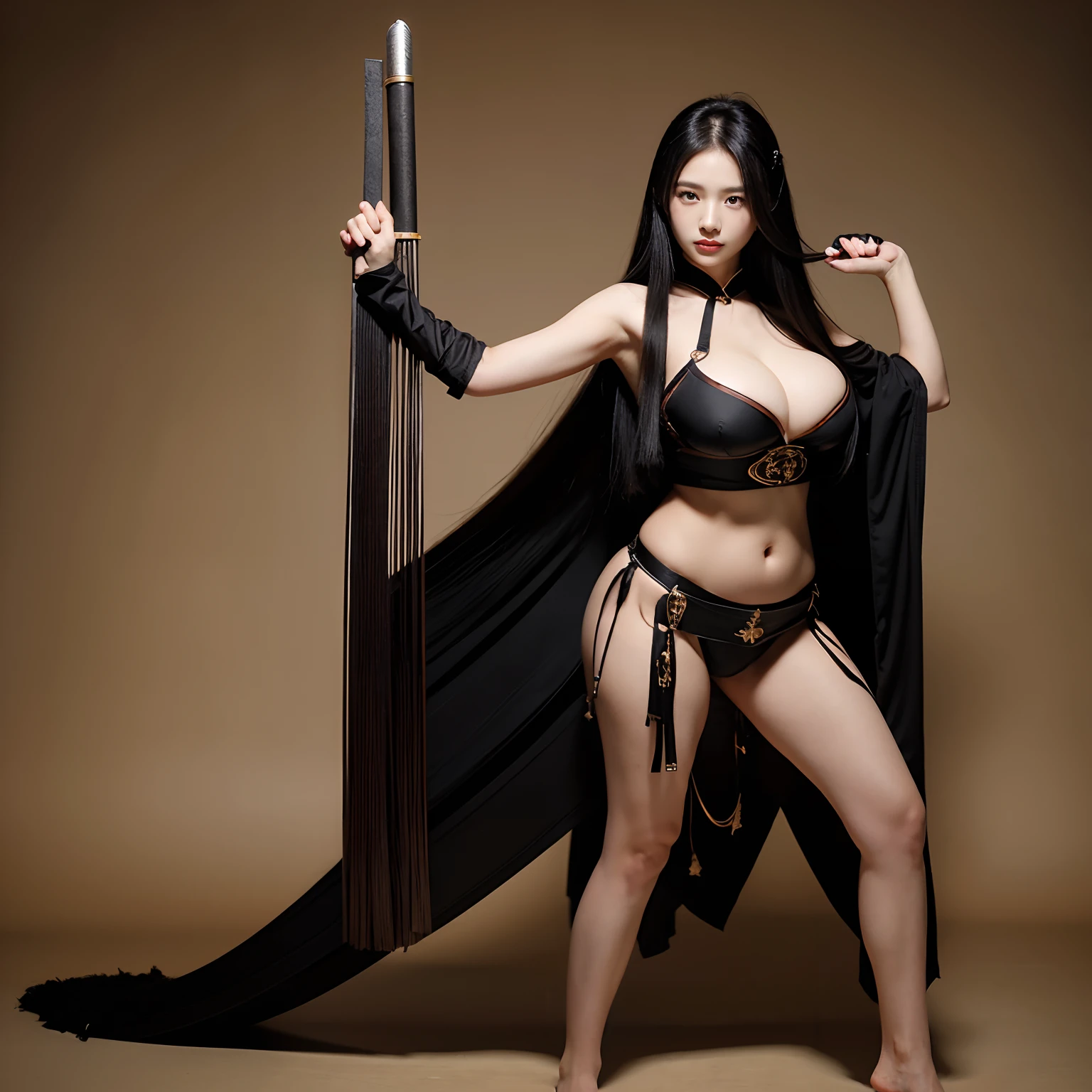Sexy woman with long black hair,Chinese style woman,Wearing a naked,full bodyesbian,Pose from head to toe,Big breasts and big buttocks,Big breasts and fat buttocks,sword, swordsmen,Jianghu martial arts,Copper money armor