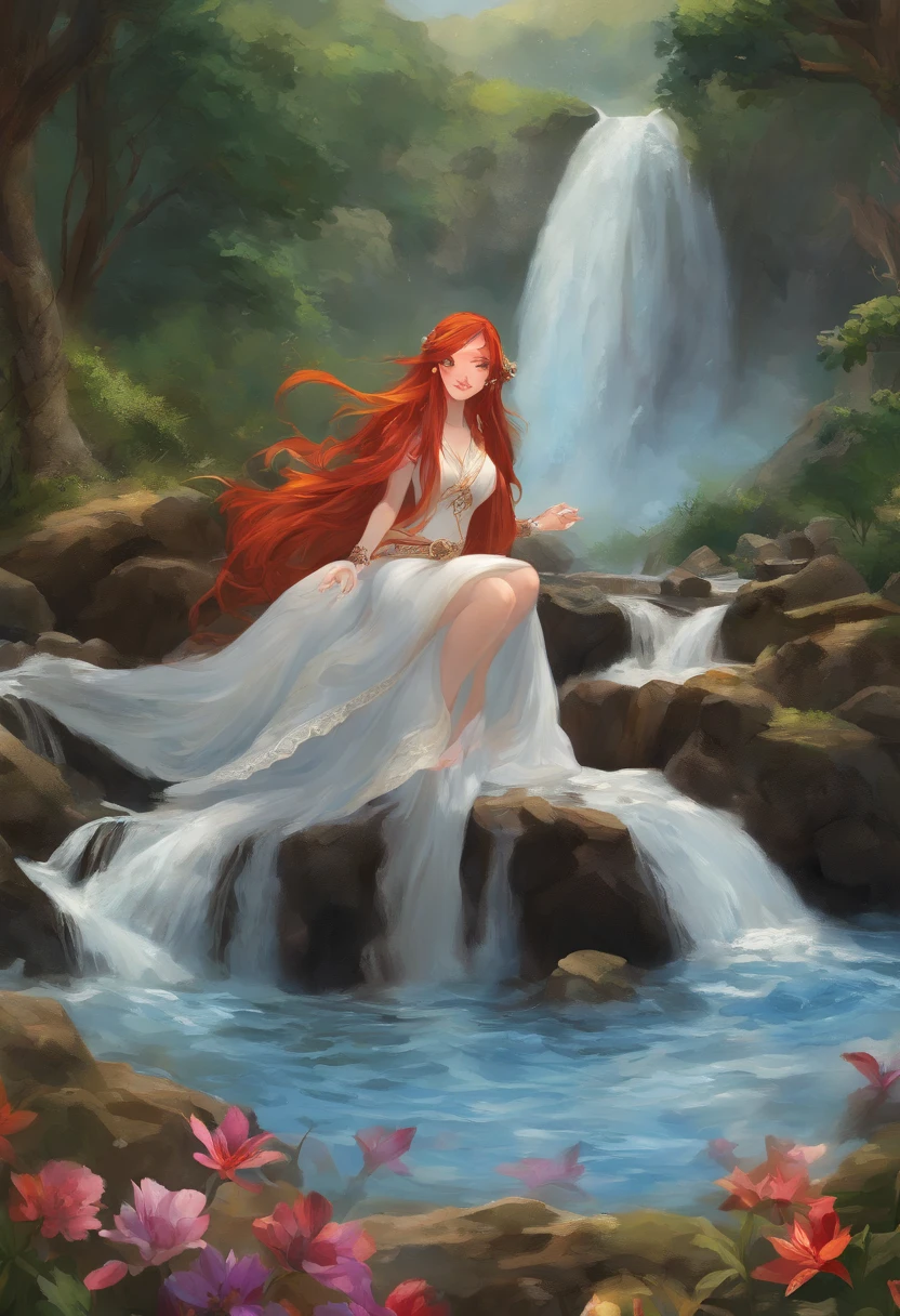 fantasy art, photorealistic, D&D art, a picture of a female monk sitting and meditating near a waterfall, at the base of the waterfall,  there is a human woman monk wearing monk garbs, meditating near a bonfire near an (epic sized waterfall: 1.3), red hair, long hair, full body (best details, Masterpiece, best quality :1.5), ultra detailed face (best details, Masterpiece, best quality :1.5), ultra feminine (best details, Masterpiece, best quality :1.5), exquisite beautiful (best details, Masterpiece, best quality :1.5) red hair, long hair, wavy hair, pale skin, blue eyes, intense eyes, water coming down from a volcanic cliff, multi level water falls, several pools created in different levels, forming new waterfalls, water cascading into a (large lava pool: 1.3) steam rising, clear water in many hues of blue and azure falling, ultra best realistic, best details, best quality, 16k, [ultra detailed], masterpiece, best quality, (extremely detailed), ultra wide shot, photorealism, depth of field, hyper realistic painting, magv1ll