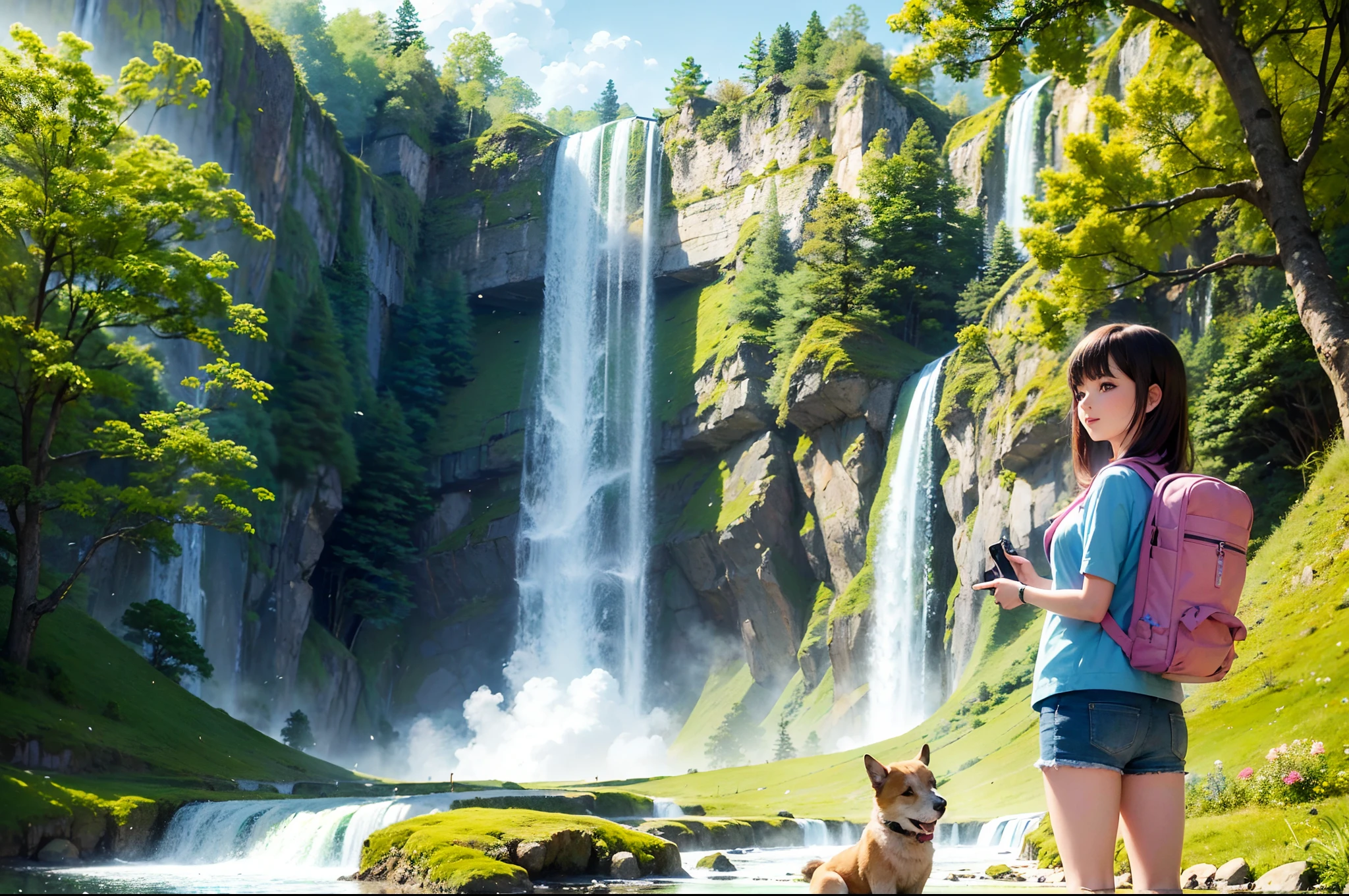 (best quality, masterpiece, cartoon style, 4k high resolution wallpaper), lovely girl with a backpack and her cute dog enjoy the view of a big waterfall, colorful flowers, illustration with facial features very detailed