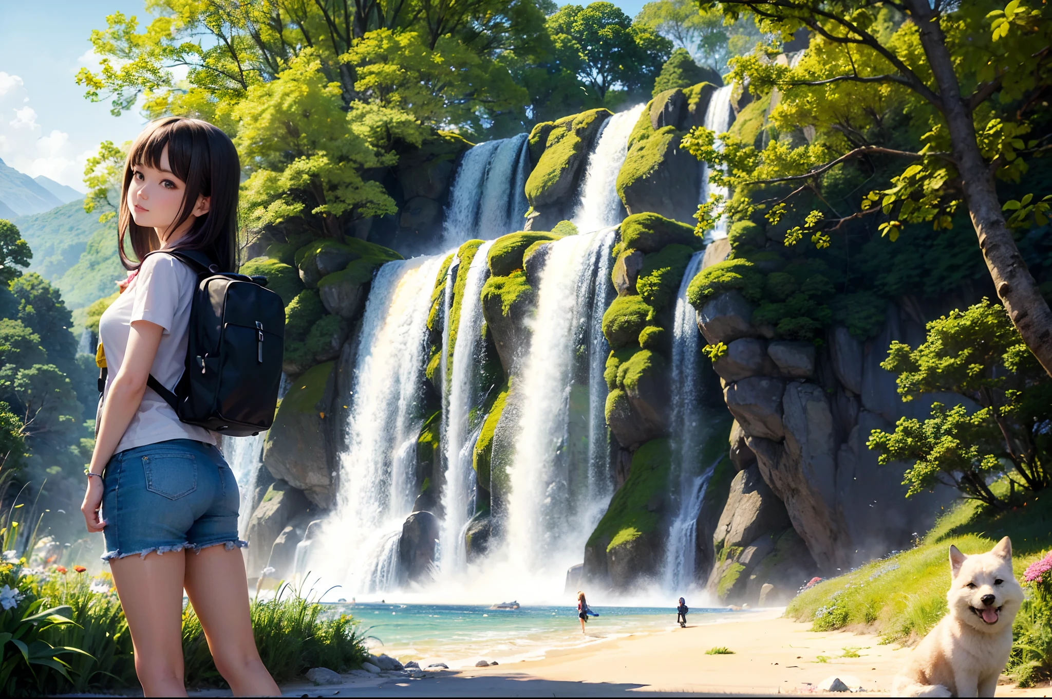 (best quality, masterpiece, cartoon style, 4k high resolution wallpaper), lovely girl with a backpack and her cute dog enjoy the view of a big waterfall, colorful flowers, illustration with facial features very detailed