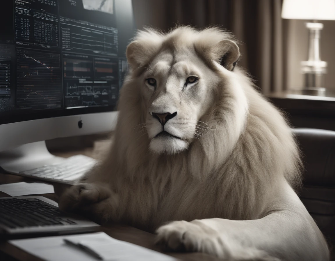 white lion,stock chart,computer,suit,serious eyes,well-dressed,confident posture,modern office,monochrome color palette,detail-oriented,financial market analysis,professionalism,luxurious office setting,sharp focus,crisp lines,meticulous attention to detail,high-res rendering,photorealistic aesthetic,contemporary art,executive look,striking in appearance,Sleek and sophisticated,calm and composed ambiance,shadows and highlights,subtle color gradients,luxury office furniture,impeccable tailoring,well-groomed mane,refined elegance,commanding presence,strong and regal,astute,analytical mind,successful career,wealth and prosperity,leadership qualities,stock market trends,upward trajectory,bullish market,thorough analysis,predictive algorithms,precision,forecasts and projections,chart patterns,financial data interpretation,investment strategies,corporate success,professionalism with a touch of extravagance,wealth management,exceptional attention to detail.