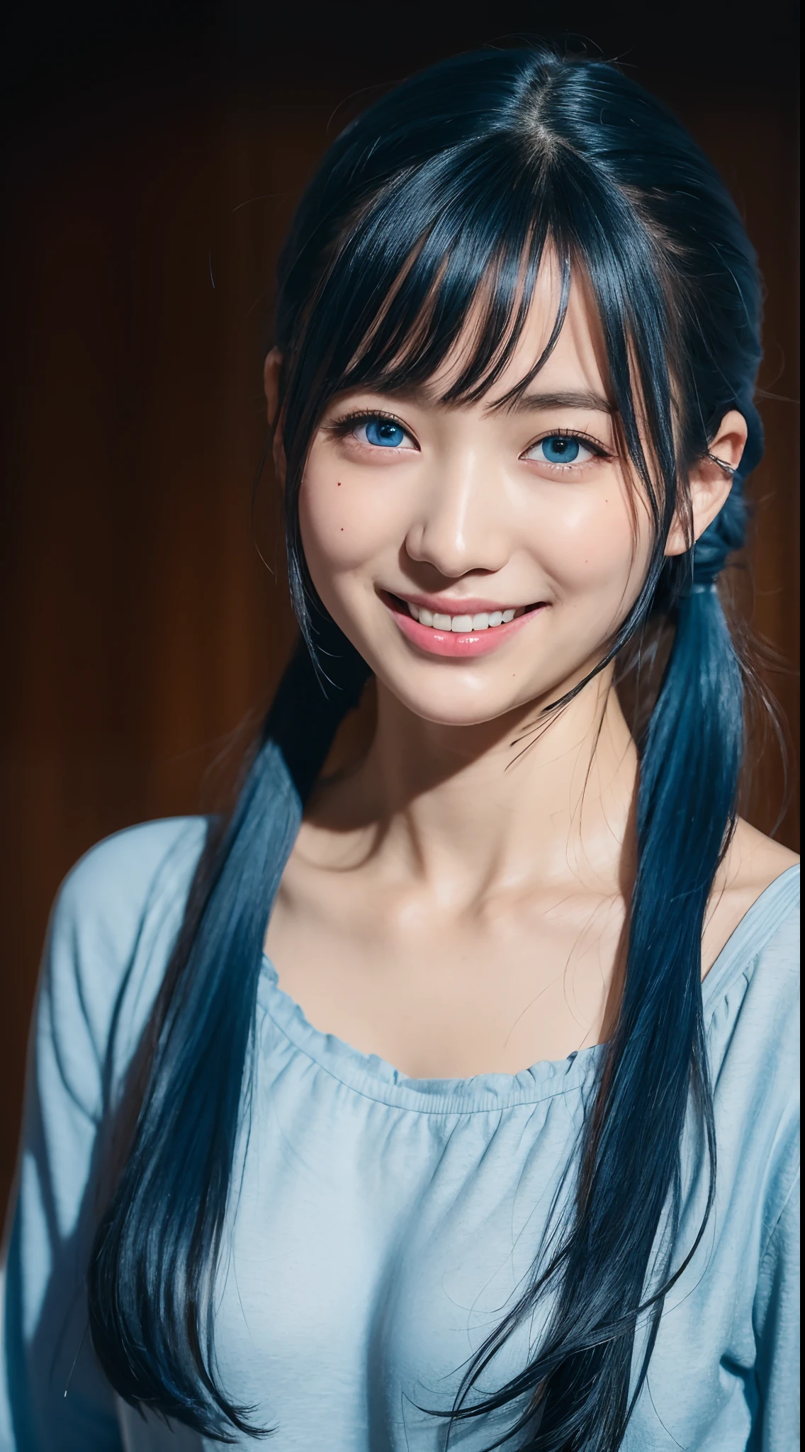 (Masterpiece), (Best quality), (Ultra detailed),(Disheveled hair),(illustration), (1girll), standing, Smiling, Beautiful detailed eyes, Light blue eyes, Detailed beautiful face, (Kamiasto ayaka: 1.2), focus onface,  pony tails, Kamiasto ayaka(Genshin Impact), Light blue hair, detailed hairs, bangs, BEST lighting, Best shadow, Highly detailed, vibrant