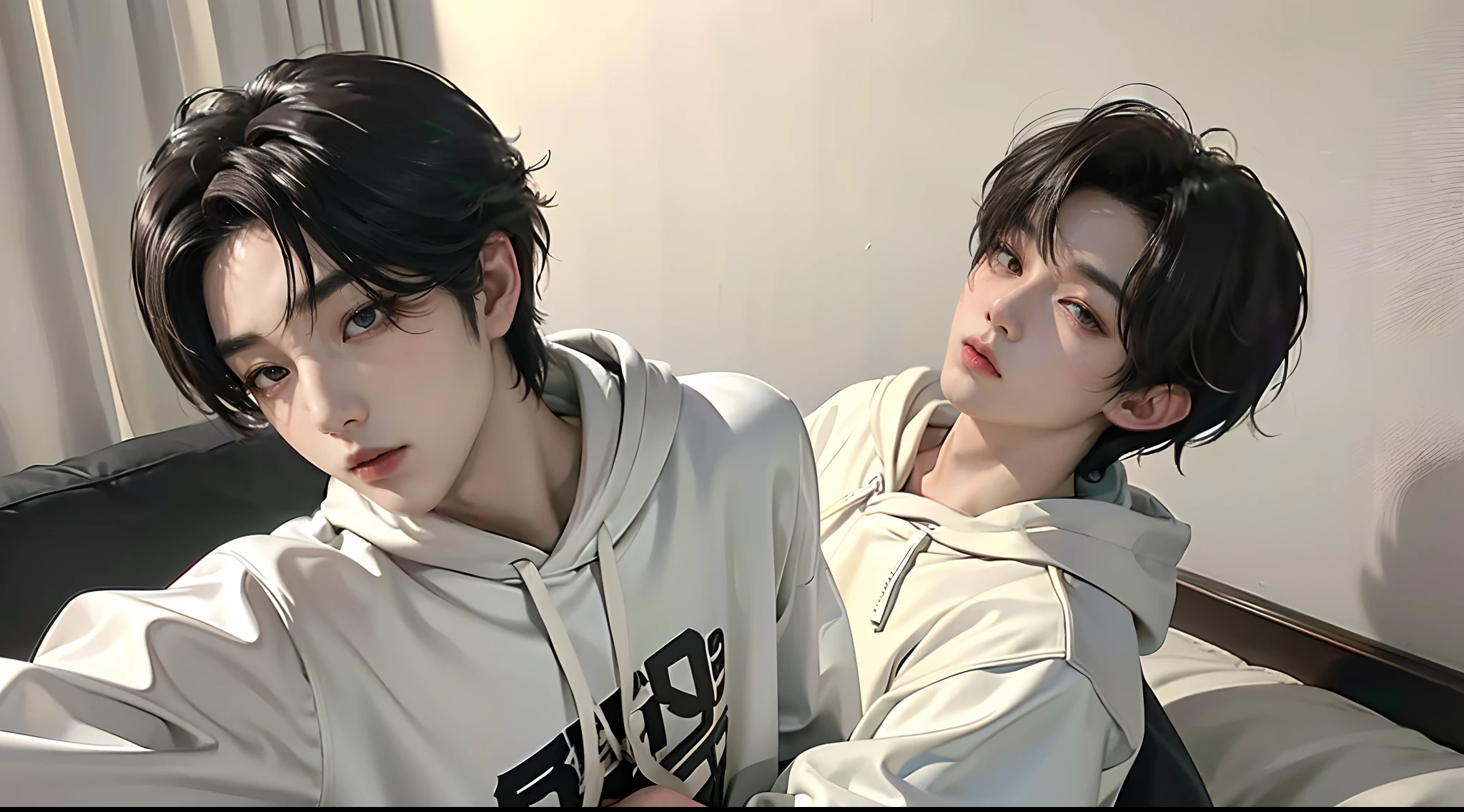 ((4K works))、masterpiece、(top-quality)、((high-level image quality))、((One Manly Boy))、Slim body、((Stylish black hoodie and long white pants))、(Detailed beautiful eyes)、Stylish bedroom、Take a selfie in a futon、Face similar to Chaewon in Ruseraphim、((short hair above the ears))、((Smaller face))、((Neutral face))、((Light brown eyes))、((Korean boy))、((18year old))、((Handsome man))、((Wild look))、((Korean Makeup))、((elongated and sharp eyes))、((Lying on the futon))、((Selfie from the side))、((Upper body photography))、(((selfee)))