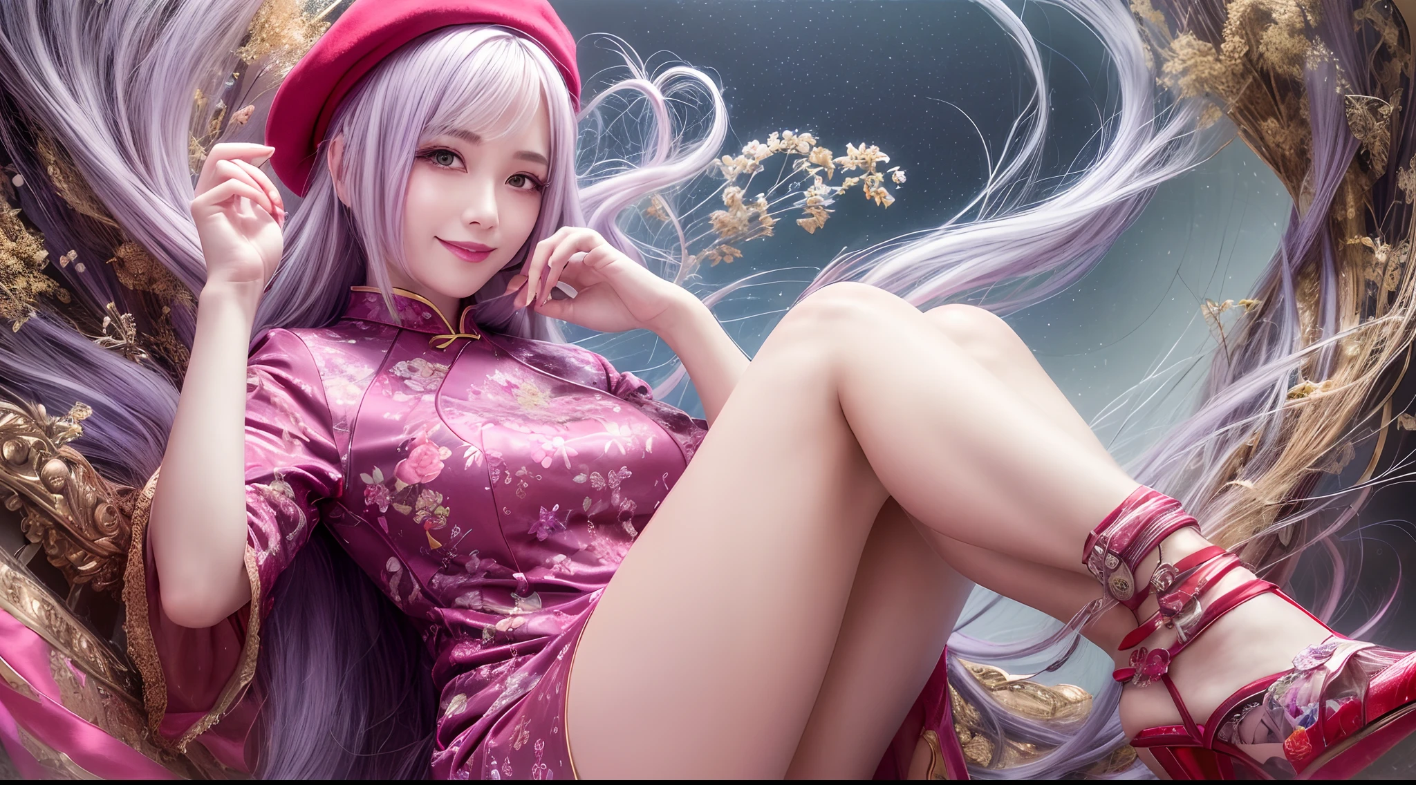 (Best quality,A high resolution),lavender hair,Pink berets,reaching out her hands,Red sunglasses,Sparkling eyes,Plump lips,Charming smile,Pink floral cheongsam,Detailed legs,shiny shoes,Lovely and lovely art style,Portrait background,pastelcolor,Warm and comfortable lighting，Dragon-shaped smoke