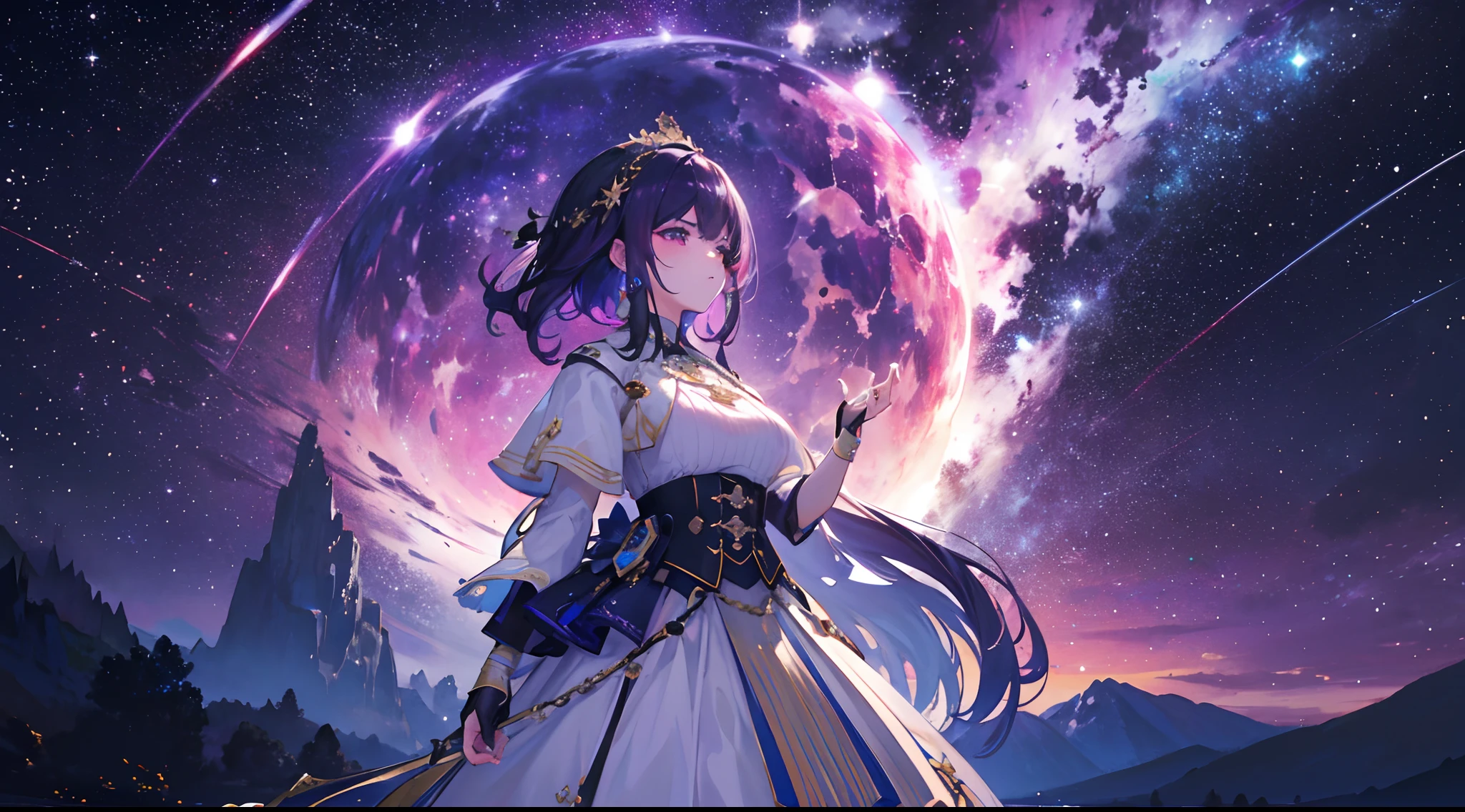 {{obra maestra}}, mejor calidad, fondo de pantalla CG unidad 8k extremadamente detallado, cinematography lighting, destello de lente,detalle, purpura, particulas, stars, galaxy, nebulosas moradas, landscape, hermoso, gamma morados