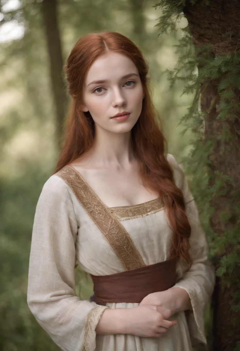 A 20 year old girl with a slender and curvilinear body, long red hair, brown brown eyes, small nose, white skin, fleshy lips and a natural reddish color.
 Clothes from the 13th century.
 Brown dress, from the 13th century
 Writing a book