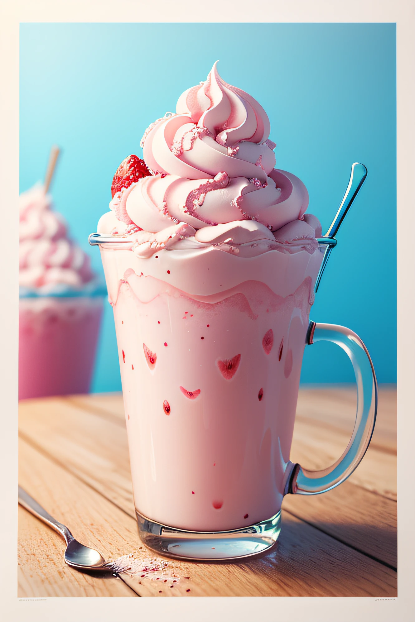 mug,strawberry ice cream,milk splash,blue sky background ultra-detailed, photorealistic, high quality, Rich in colors, poster illustration.