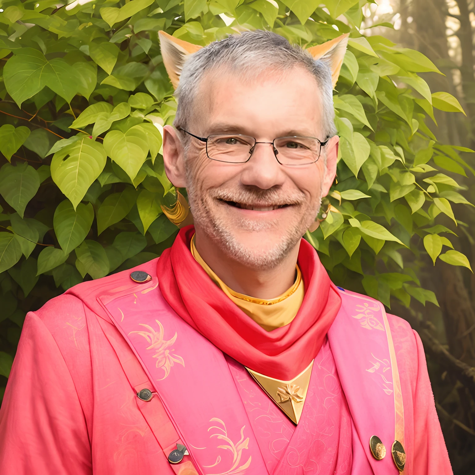 A handsome boy, close-up of a man holding a sword and a sword, blonde hair, a yellow triangle scarf around his neck, a black military uniform, shaggy fox ears (especially large), inspired by Yang Jin, moon-themed costume, astral witch costume, blue-gold pupils, thin man fantasy alchemist, full body adoptable