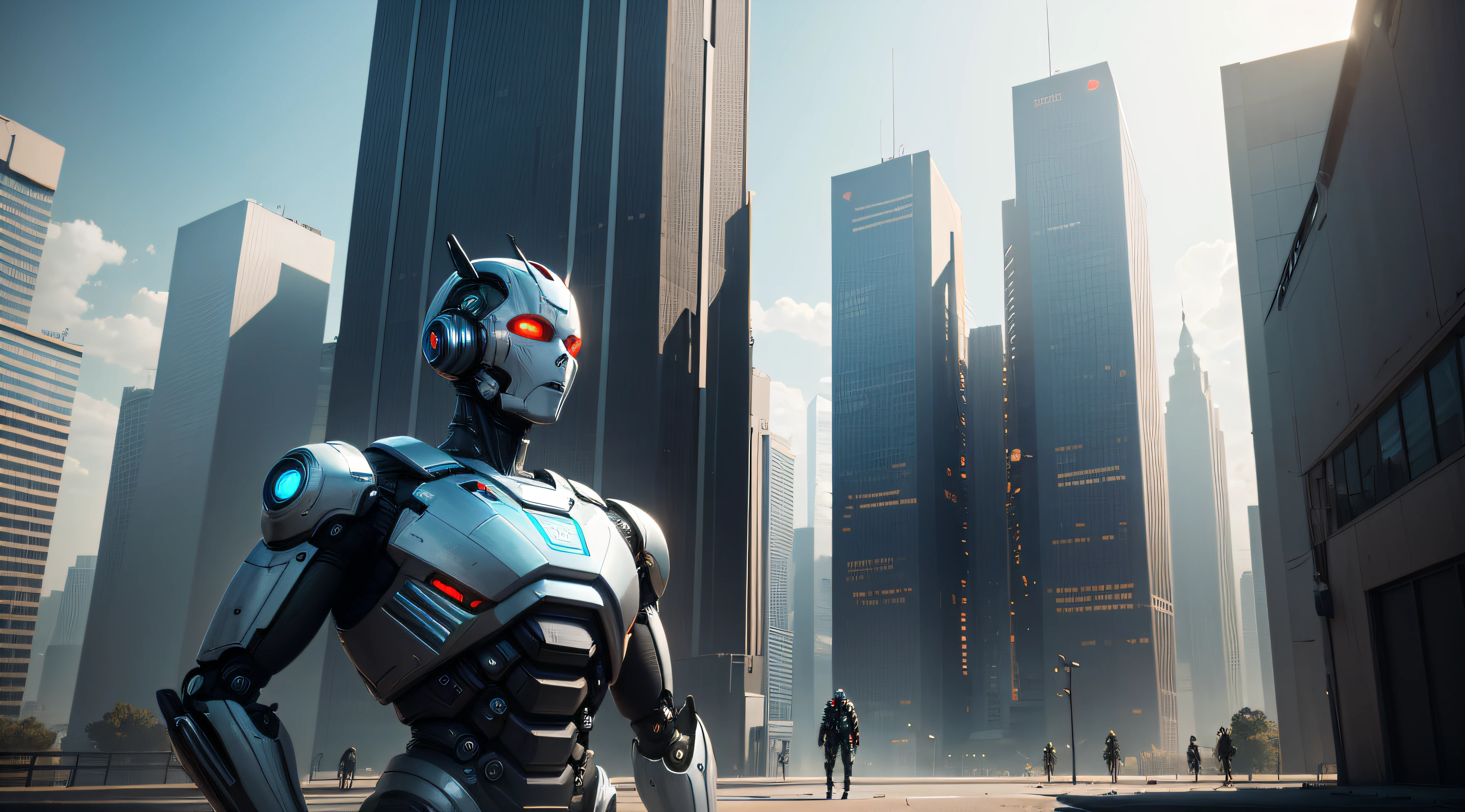 There's a creepy ROBO in a robot costume next to a futuristic building that is seeded to the exteminator of the future, robo SOPHIA