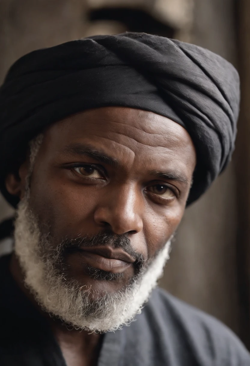 A symmetric portrait of a black man, small beard, wrinkled, weathered, with piercing eyes, detailed face, high details, photography, dark studio, rim light, Nikon D850, 50mm, f/1.4 , Large white turban