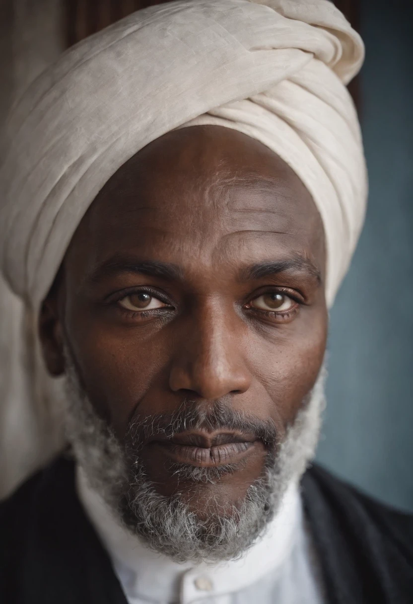 A symmetric portrait of a black man, small beard, wrinkled, weathered, with piercing eyes, detailed face, high details, photography, dark studio, rim light, Nikon D850, 50mm, f/1.4 , Large white turban