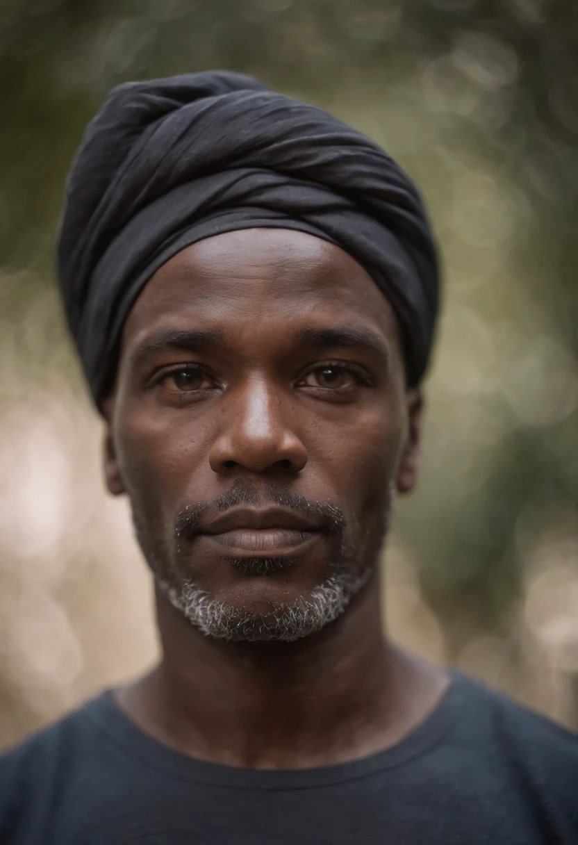 A symmetric portrait of a black man, small beard, wrinkled, weathered, with piercing eyes, detailed face, high details, photography, dark studio, rim light, Nikon D850, 50mm, f/1.4 , Large white turban