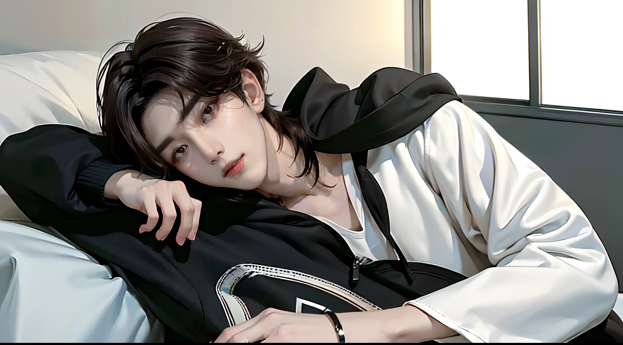((4K works))、masterpiece、(top-quality)、((high-level image quality))、((One Manly Boy))、Slim body、((Stylish black hoodie and long white pants))、(Detailed beautiful eyes)、Stylish bedroom、Take a selfie in a futon、Face similar to Chaewon in Ruseraphim、((short hair above the ears))、((Smaller face))、((Neutral face))、((Light brown eyes))、((Korean boy))、((18year old))、((Handsome man))、((Wild look))、((Korean Makeup))、((elongated and sharp eyes))、((Lying on the futon))、((Selfie from the side))、((Upper body photography))、(((selfee)))