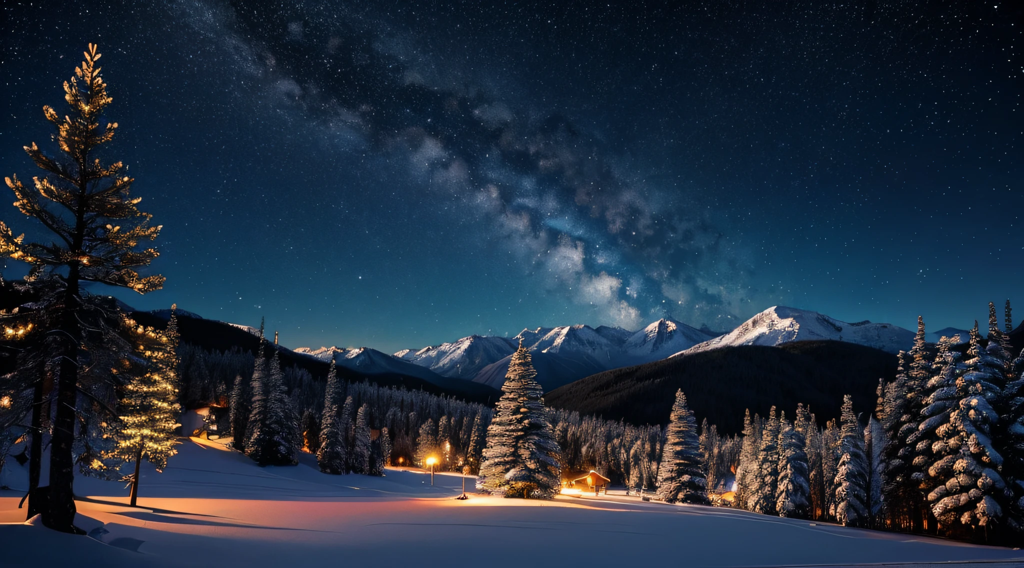 Create an image of a mountainous region with pine trees and a starry sky, um rio corre ao meio, lapso de estrela, sem habitantes