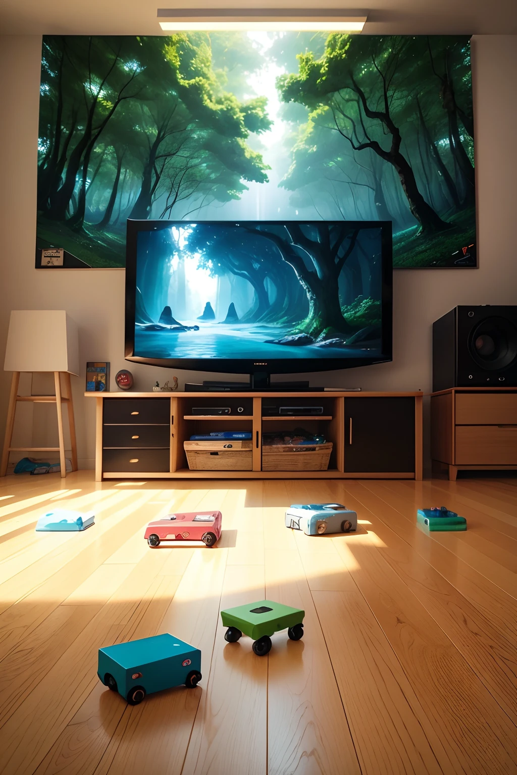 symmetrical image with television centered in the middle of the image, in a room full of toys on the floor, Lots of toys on the floor, com uma janela, with a forest full of big trees and beautiful fantasy animals, and with a larger television that takes up almost the entire frame