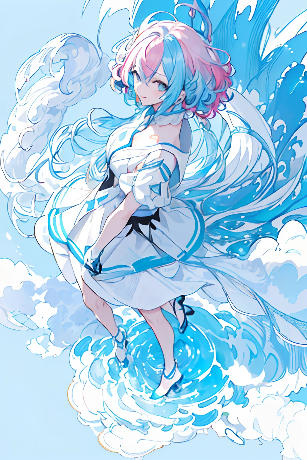 masterpiece,(top-quality),(1girl in) ,独奏,(highly contrast:1.2),(a high chroma:1.2), (Put your hands in your pockets)),((Black and white dress)),Look at viewers,((White and light blue theme:1.3)),((White and light blue background:1.5)),white hair,blue eyess,((walk:1.3)),full body Esbian,Black footwear,((Light blue water, White clouds and sun in the sky)),((From above:1.2)),
Fashionable, femele, with a vibrant, outfits, the pose, the front, Colorful, Dynamic, Background with, element, I'm confident, expresive, ngel, statement, accessorized, An majestic, coiled, surroundings, Touch, The scene, covers, It's bold, captures the attention, Titles, Stylish, Catchy, The large, Impressive, moderno, Trendy, Focus, lo fashion,(masterpiece、top-quality、top-quality、watercolor paiting(Curly)、Official Art、Beautifully Aesthetic:1.2)、(1girl in:1.3)、(Fractal art:1.3)、The upper part of the body、from side、looking at the viewers、patterns、(rainbow-colored hair、colourful hair、Half blue and half pink hair:1.2)、Eau、liquids、clouds、colourfull、starrysky、stele、