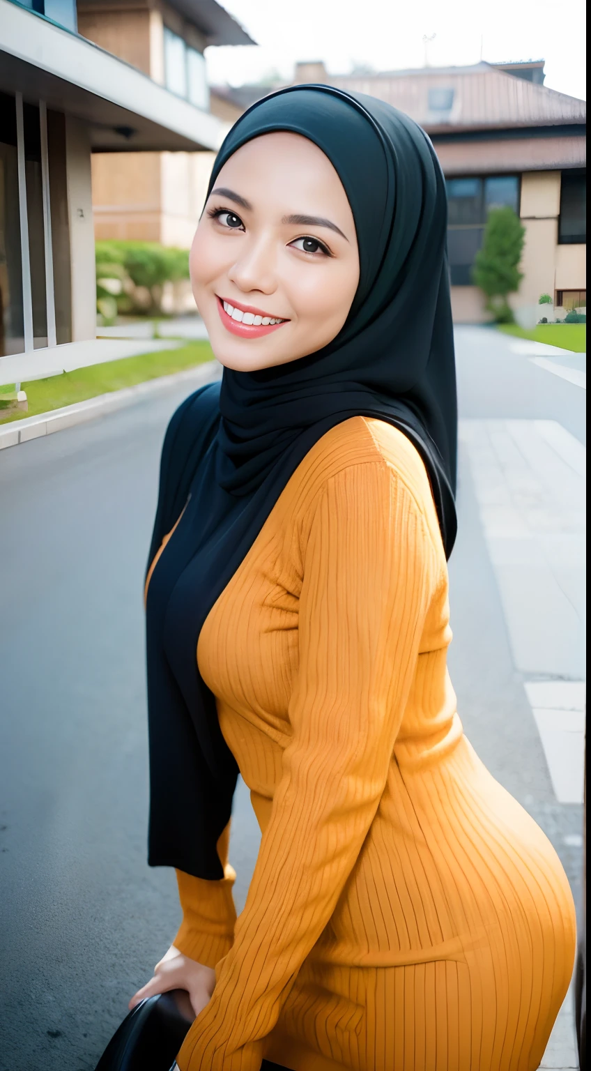 1 malay woman in hijab,((Tight knitted dresses)),(Small buttocks),Emphasize ass,Smaller chest,Clothes are sheer,Smiling smile, (hijab flying), de pele branca,big breasts thin waist,Japanese-style street, Hyper-Realism, Cinematic lighting, depth of fields, From below, vanishing point, F/2.8,  Anatomically correct, Textured skin, Super Detail, awardwinning, Best Quality, hight resolution,