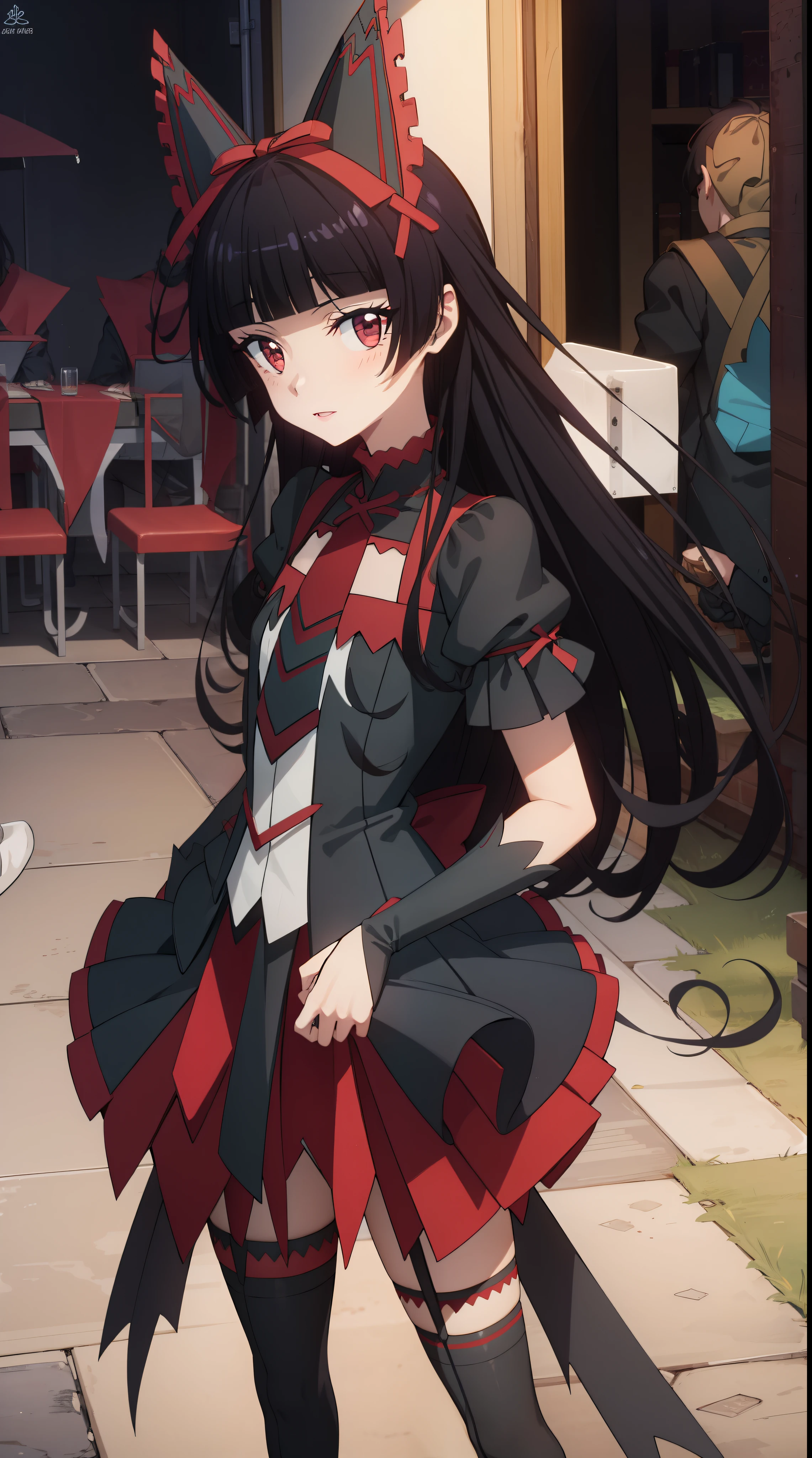 Rory Mercury, Rory Mercury, black  hair, blunt bangs, hime cut, hair ornament, purple lipstick, hairlong, cute face, makeup, (small chest:1.2),  (red eyes:1.5), BREAK Gothic underwear, the perfect body (little chest:1.3), a big BREAK in full growth, red shoes, BREAK Black Stockings, Black Gloves BREAK, black thighs, garter straps, gloves, gotik, Hair Bow, gothic fashion, puffy short sleeves, puffy sleeves, short sleeves, thights, thights, bloods, BREAK in the fresh air, night city, BREAK looks at the viewer, BREAK (Masterpiece:1.2), Best Quality, High Resolution, Unity 8k壁纸, (illustartion:0.8), (beautiful detail eyes:1.6), extremely detailed face, perfect  lighting, extremely detailed CGI, (perfect arms, perfect anatomy),