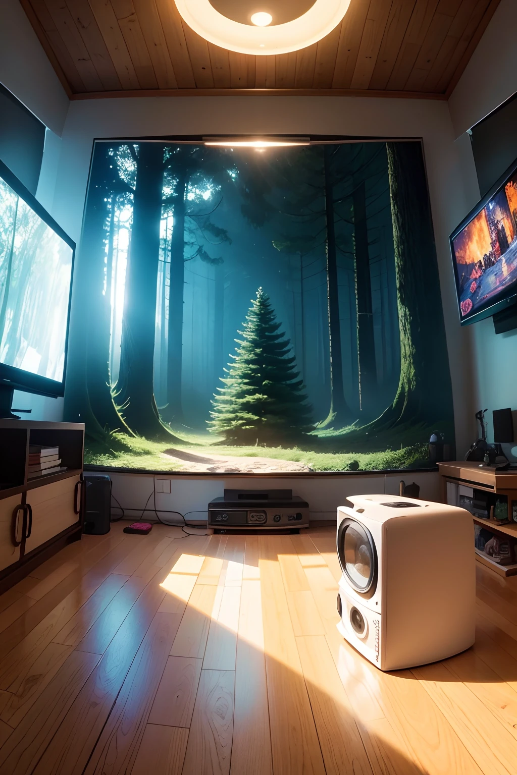Symmetrical image with television centered in the middle of the image and large, in a room full of toys on the floor, Lots of toys on the floor, com uma janela, with a forest full of big trees and beautiful fantasy animals, and with a larger television that takes up almost the entire frame