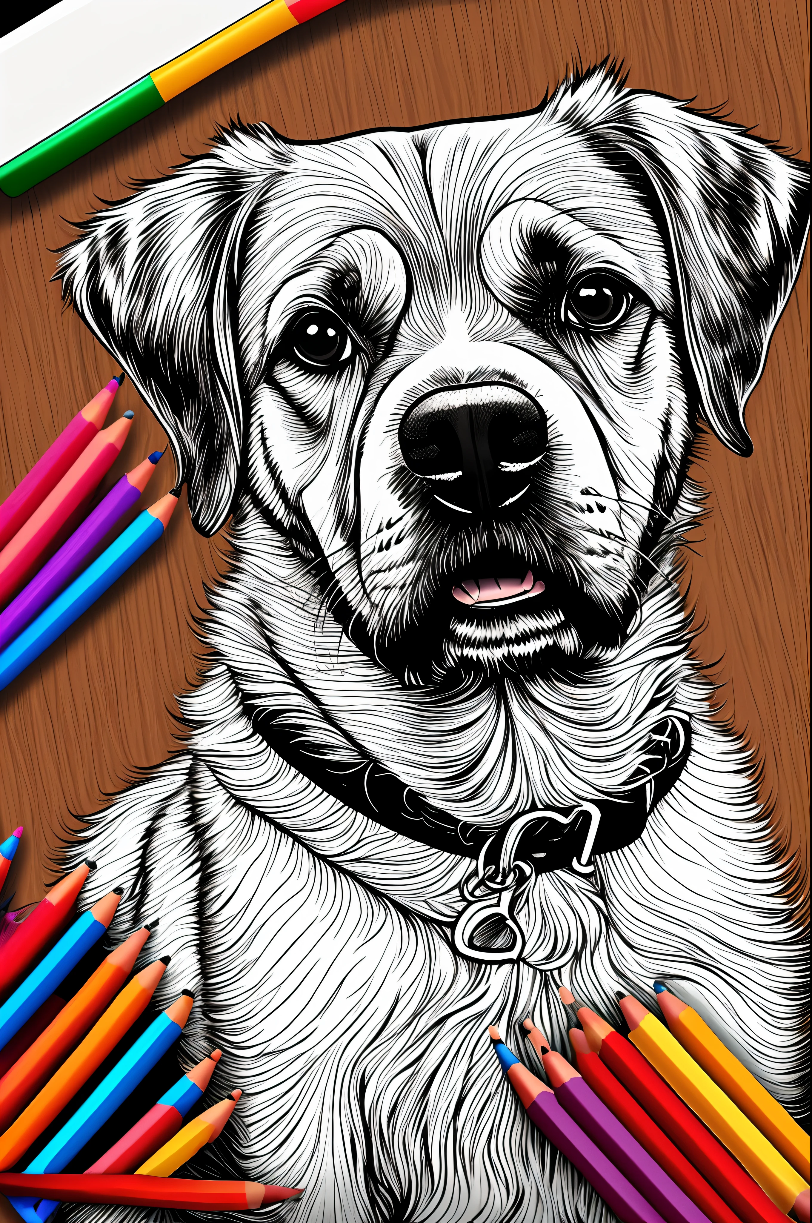 Dog for a coloring, linhas em negrito, linhas escuras, estilo cartoon, simetrico, fundo branco, Arte de linha limpa, arte de linha fina, preto e branco, livro de colorir, sem sombreamento, sem tons de cinza