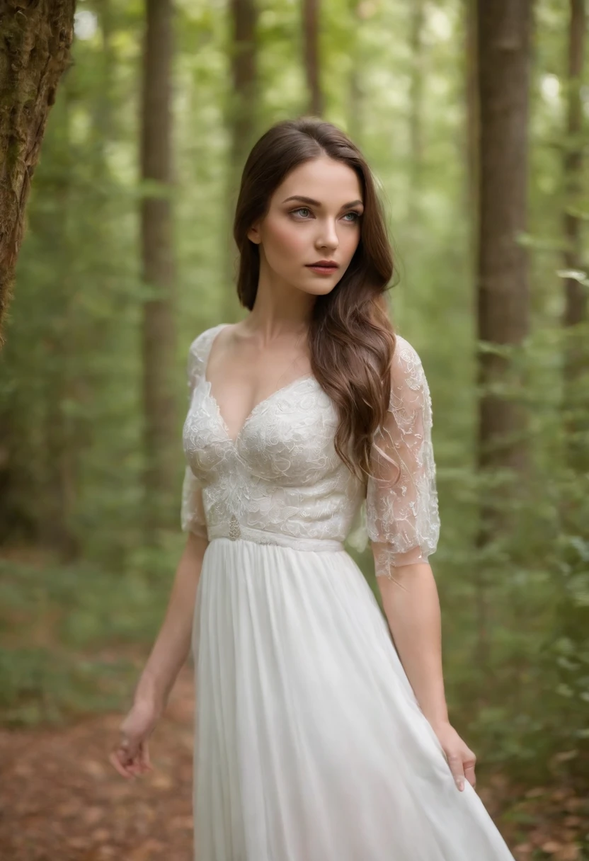 A girl walks through an enchanted forest. The forest is full of tall, slender trees with bright-colored leaves. The girl wears a long, white dress, and her hair is long and black. Her face is serene and peaceful, and her eyes are full of dreams.