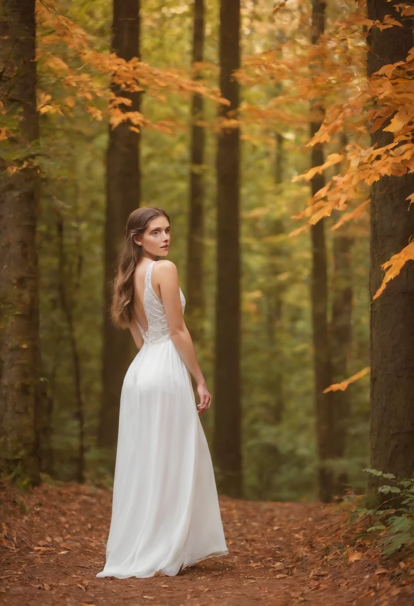 A girl walks through an enchanted forest. The forest is full of tall, slender trees with bright-colored leaves. The girl wears a long, white dress, and her hair is long and black. Her face is serene and peaceful, and her eyes are full of dreams.