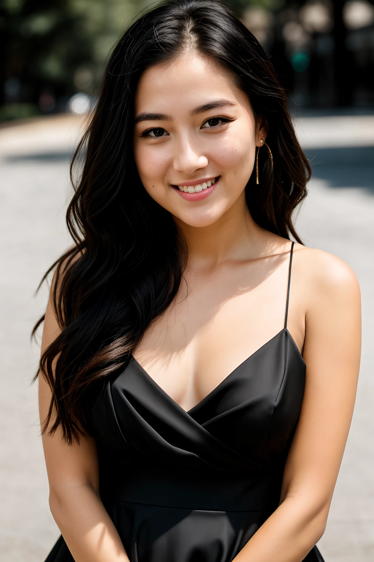 RAW photo, face portrait photo of beautiful 26 y.o woman, cute face, wearing black dress, happy face, hard shadows, cinematic shot, dramatic lighting