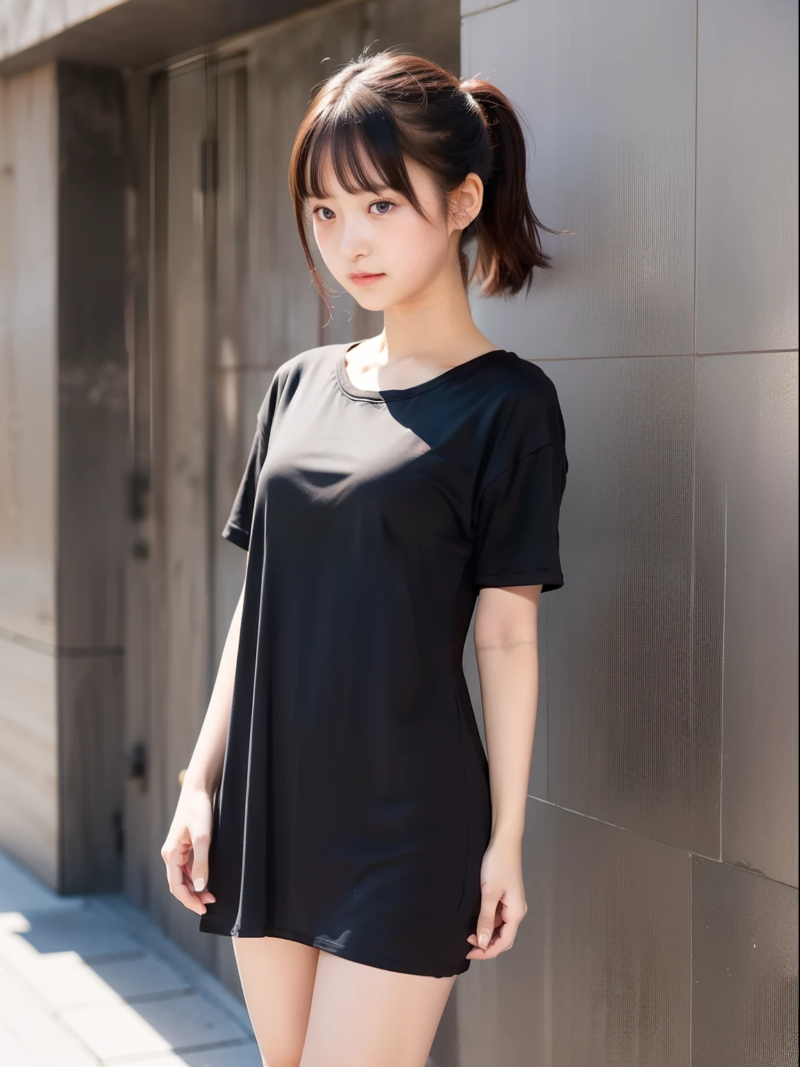 top-quality，sea side，((Black T-Shirt Dress，Onepiece))，poneyTail，(embarrassed from，red blush)，( girl)