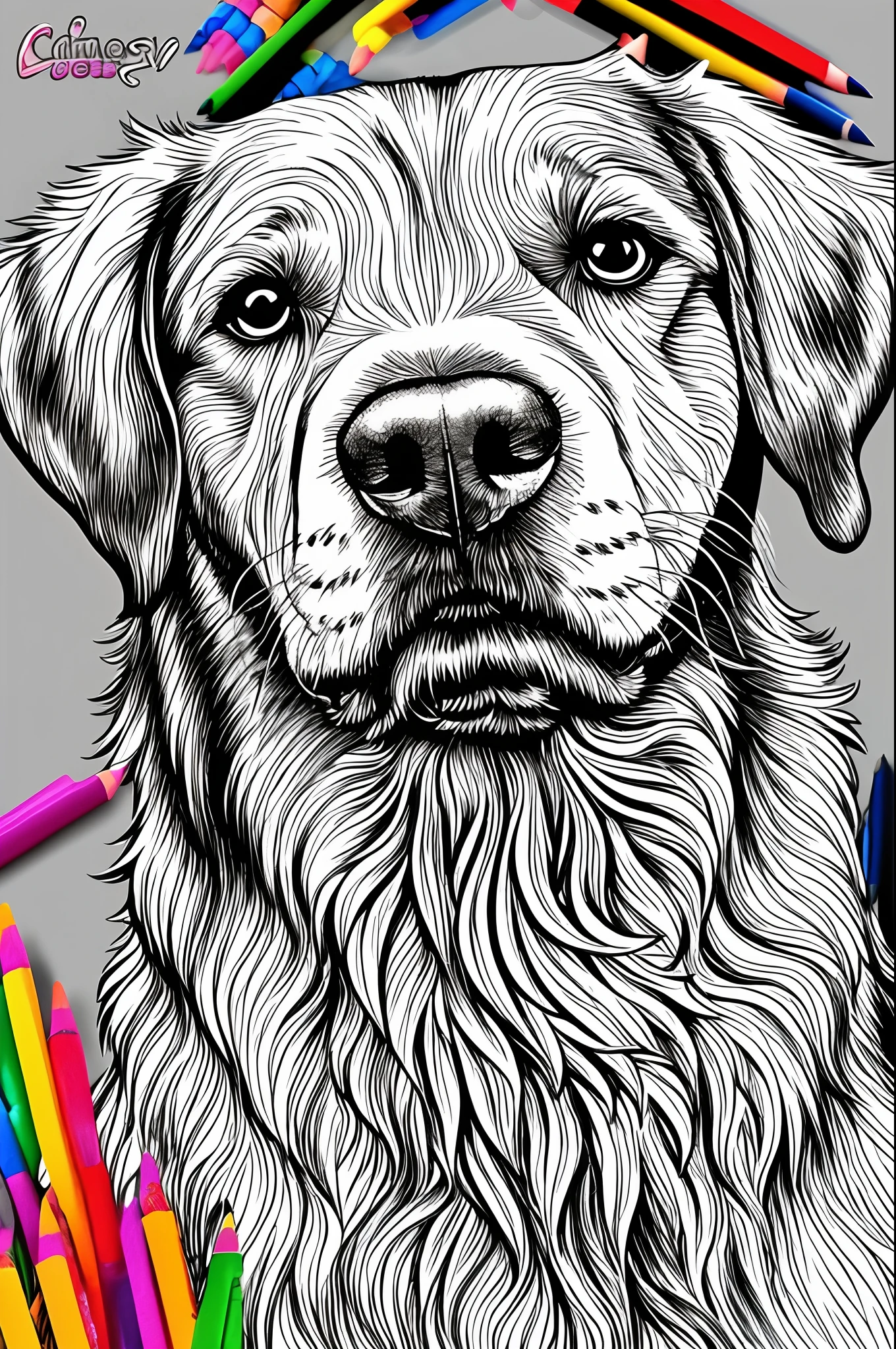 Dog for a coloring, linhas em negrito, linhas escuras, estilo cartoon, simetrico, fundo branco, Arte de linha limpa, arte de linha fina, preto e branco, livro de colorir, sem sombreamento, sem tons de cinza