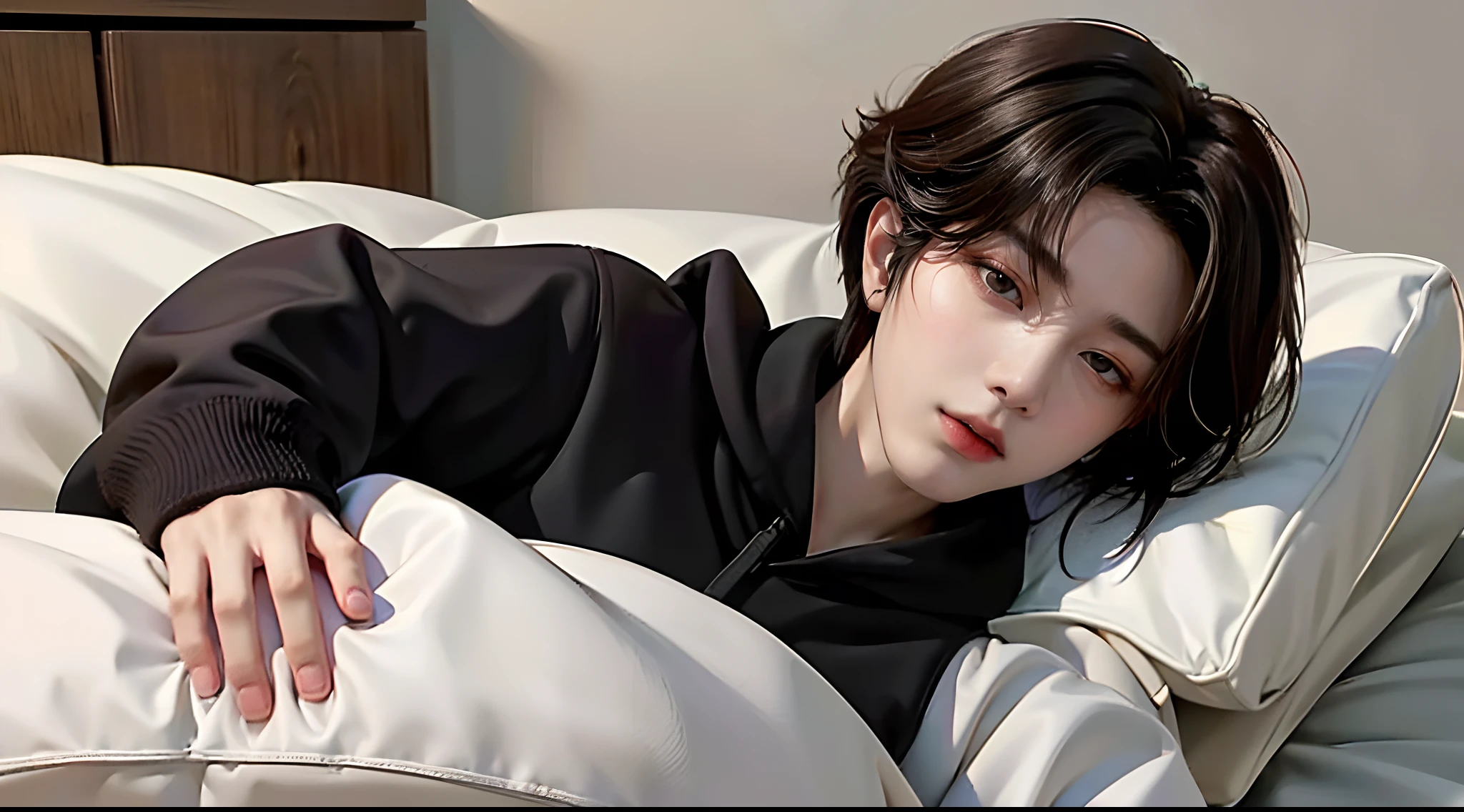 ((4K works))、​masterpiece、（top-quality)、((high-level image quality))、((One Manly Boy))、Slim body、((Stylish black hoodie and long white pants))、(Detailed beautiful eyes)、Stylish bedroom、Take a selfie with a futon、Face similar to Chaewon in Ruseraphim、((short hair above the ears))、((Smaller face))、((Neutral face))、((Light brown eyes))、((Korean boy))、((18year old))、((Handsome man))、((Wild look))、((Korean Makeup))、((elongated and sharp eyes))、((Take a selfie lying on a futon))、((Selfie from the side))、((Upper body photography))、(((selfee)))