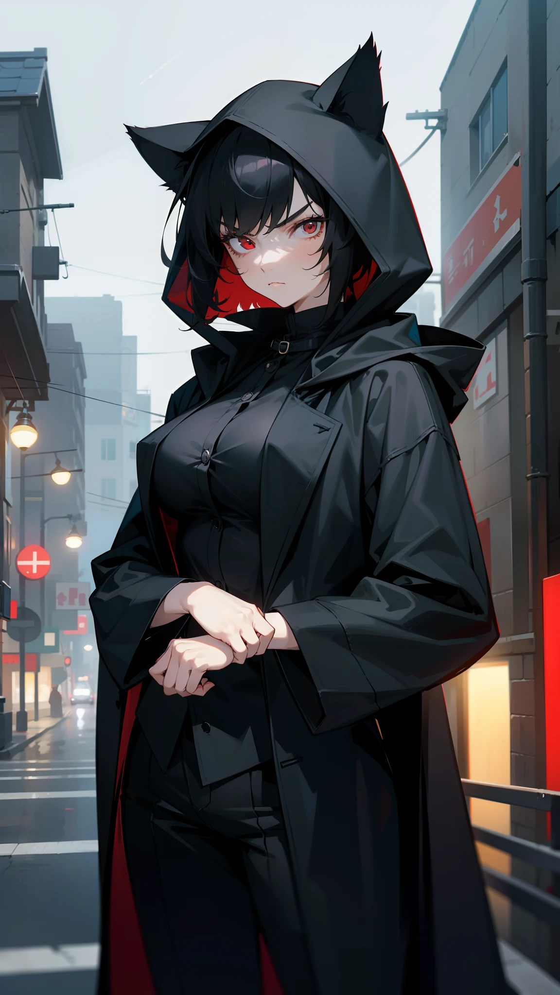 1girl,20s,tall,mature female,serious face,black overcoat,hooded,black pants,medium tits,black hair,short hair,red eyes,cat ears,standing in a street in night suburbs,night,cowboy shot