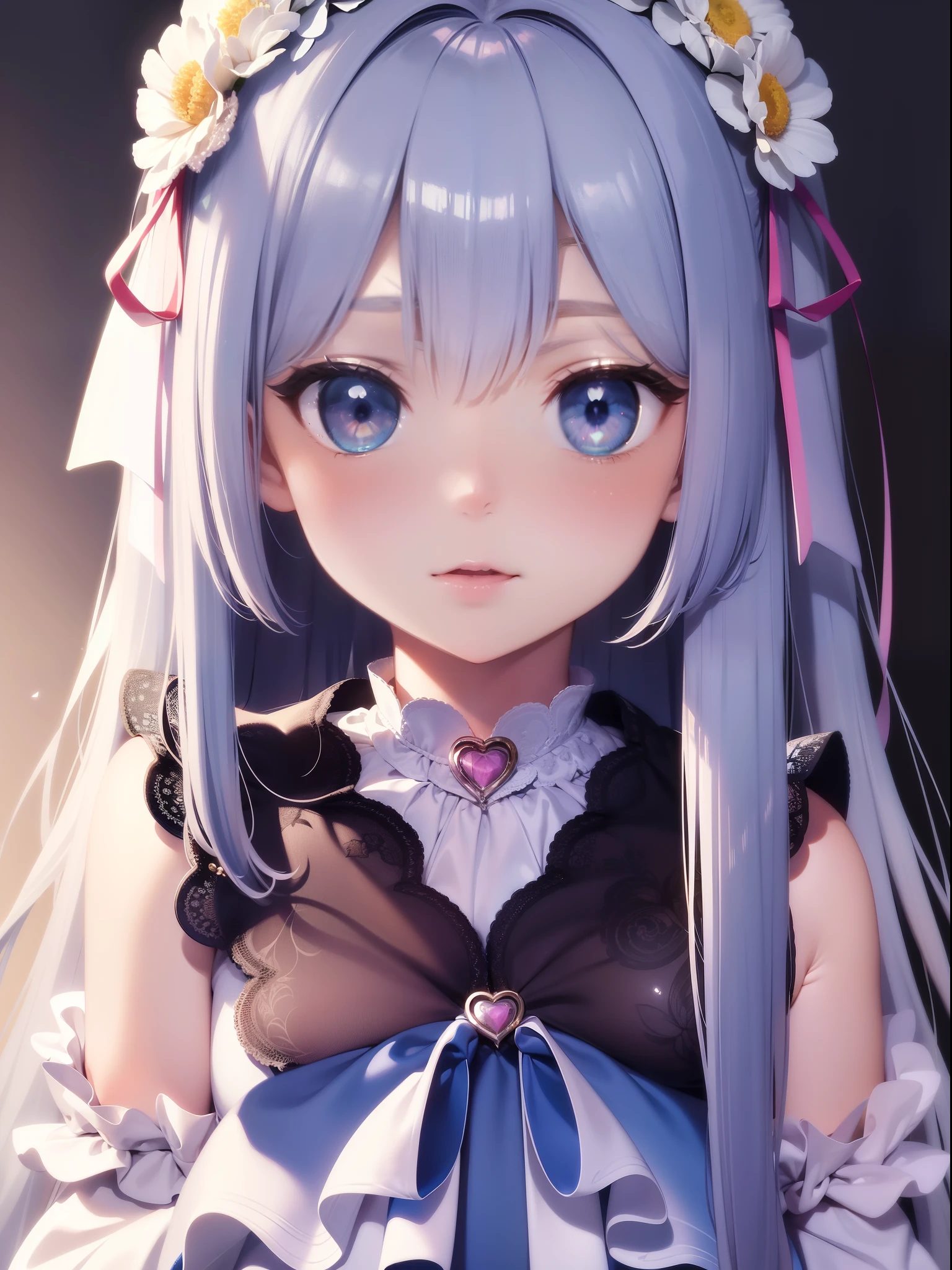 masterpiece, best quality, ultra-detailed, illustration, 1girl, solo, close-up, ((surprised)), blue_eyes, open_mouth, blush, eyebrows_visible_through_hair, long_hair, hair_ribbon, ribbon, frills, lace, white_dress, cute, soft_shading, watercolor, pastel_colors, flower, petals, bokeh, (big sized heart shaped accessory on hair:1.3)