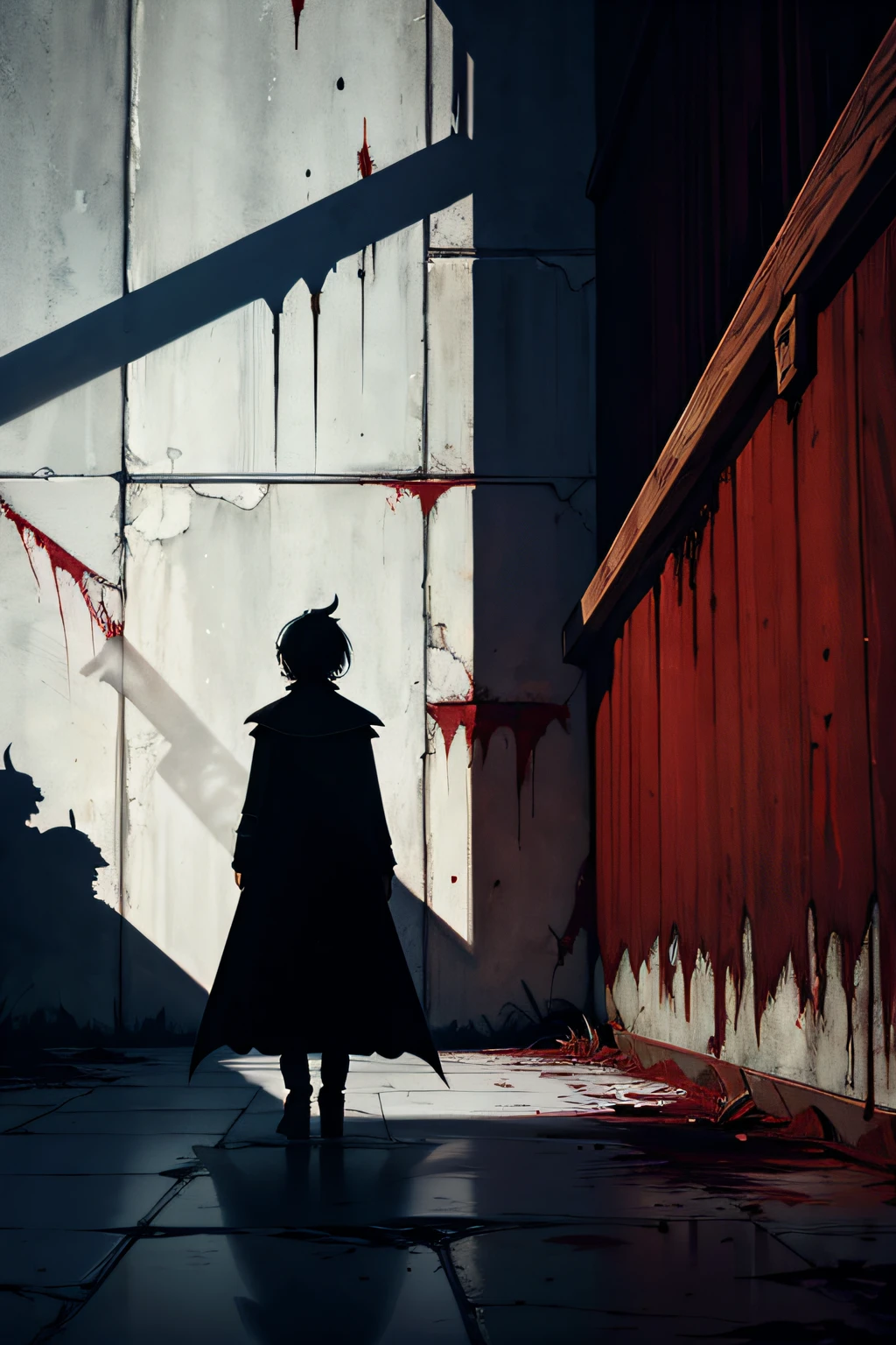 a shadow passes by a bloodstained wall