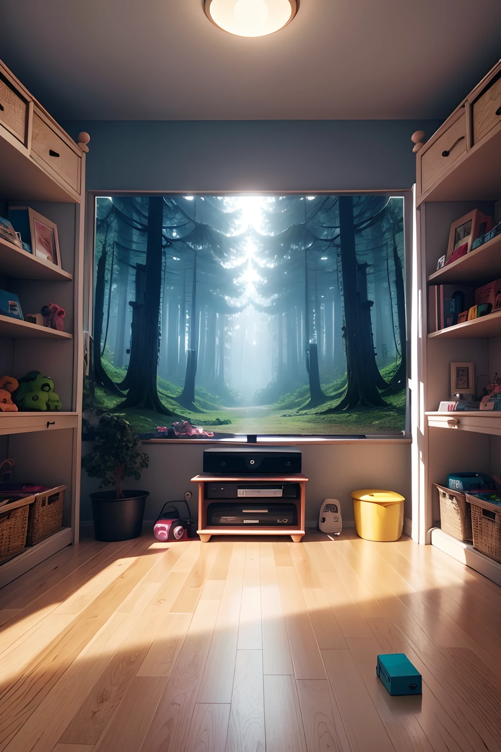 Symmetrical image with television centered in the middle of the larger image that takes up almost the entire frame, in a room full of toys on the floor, Lots of toys on the floor, com uma janela, with a forest full of big trees and beautiful fantasy animals,