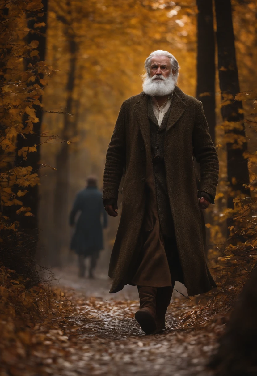 HD masterpiece, beste-Qualit, high resolucion, 4k, Medieval, (((un vieux homme de 70 ans))) avec une (Barbe blanche), traits du visage forts, le torse nu et un ((gros ventre)) Walking in the forest in autumn . Il y a des vapeurs et des brumes volumineuses autour de l'homme, il fait froid, c'est la nuit, givre, background : Bois sombres