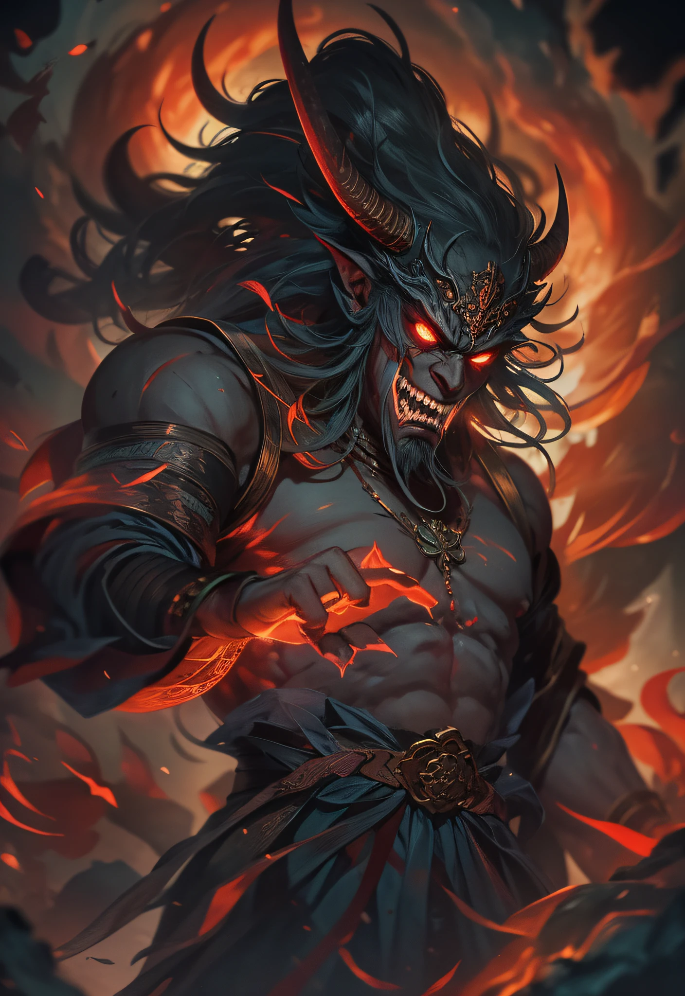 Hell Demon, Black-scaled youkai, Chinese legend hell scene, Extreme horror, Zhang Yimou's film style, The picture is bright, Extremely detailed line drawings CG artwork, See the devil clearly, Demonic face, Detailed face, There is an open and clenched fist state, Light and shadow effect, Beautiful and dynamic pose, Detailed rendering, Colorful scenes, Full of depth, Vibrant lighting effects, Sketch a magnificent and mysterious atmosphere