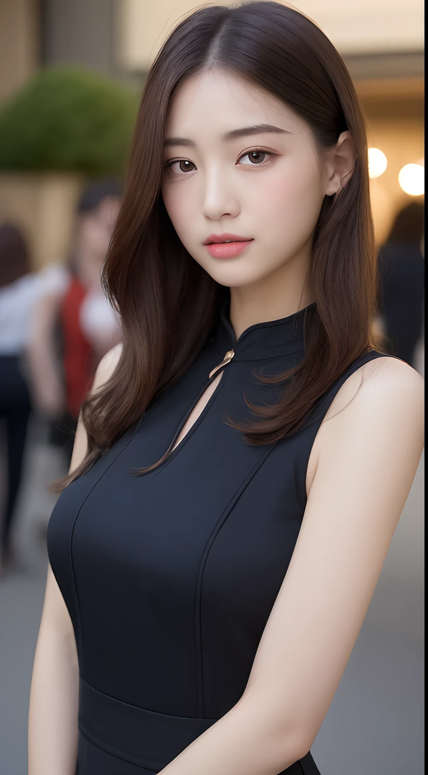 ((top-quality、8K、​masterpiece、:1.3))、1girl in、Amazing beauty，full body Esbian、Slim Faces、Pretty women、(dark brown hair)、qipao dress:1.1、Super Detailed Face、detailedeyes、二重まぶた、blurry backround、Slim Faces、nighttime scene、appearance、Street、frontage，The upper part of the body，Colossal tits