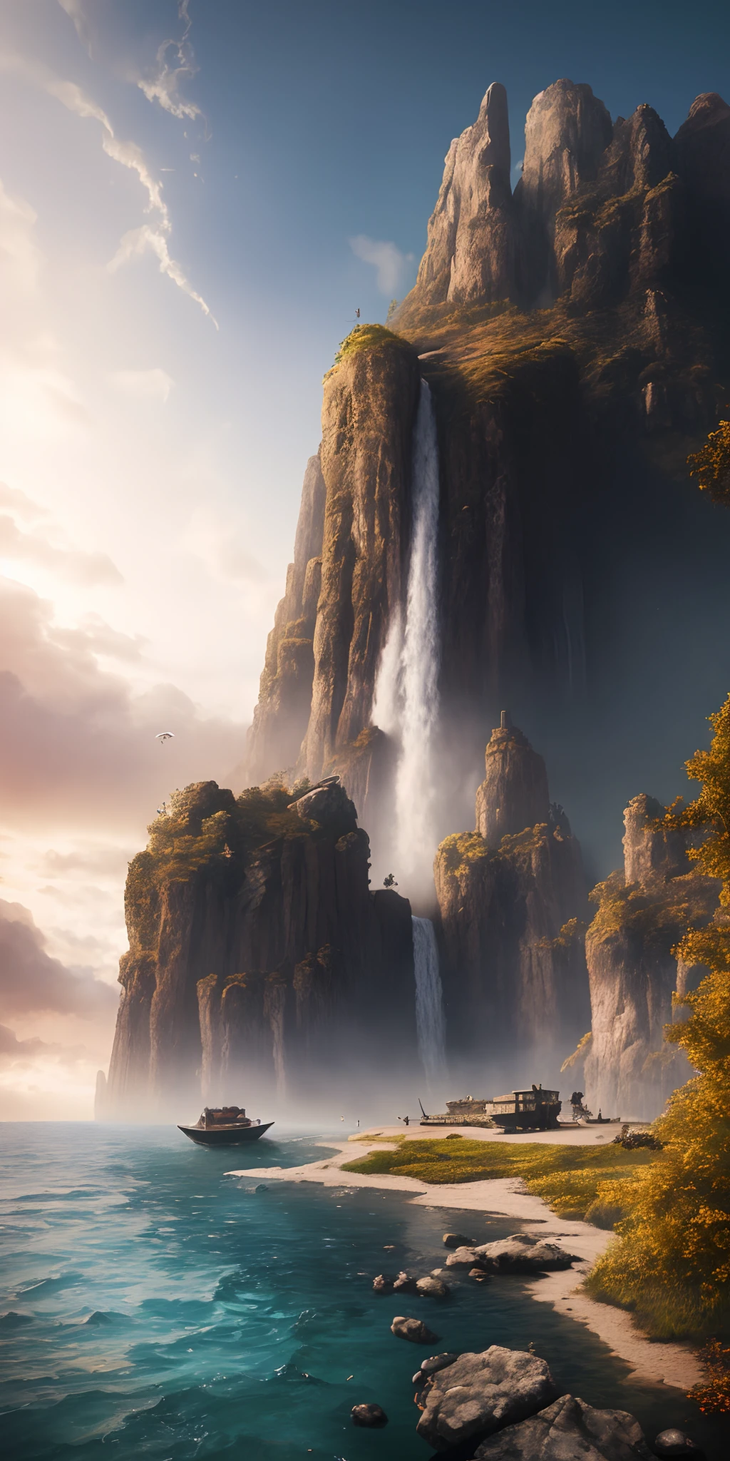 Masterpiece, best quality, high quality, extremely detailed CG unity 8k wallpaper, landscape, outdoor, sky, cloud, sky, no humans, mountain, landscape, water, tree, blue sky, waterfall, cliff, nature, lake, river , cloudy skies, award winning photography, bokeh, depth of field, HDR, bloom, chromatic aberration, photorealism, very detailed, trending on artstation, trending on CGsociety, intricate, high detail, dramatic, midjourney art