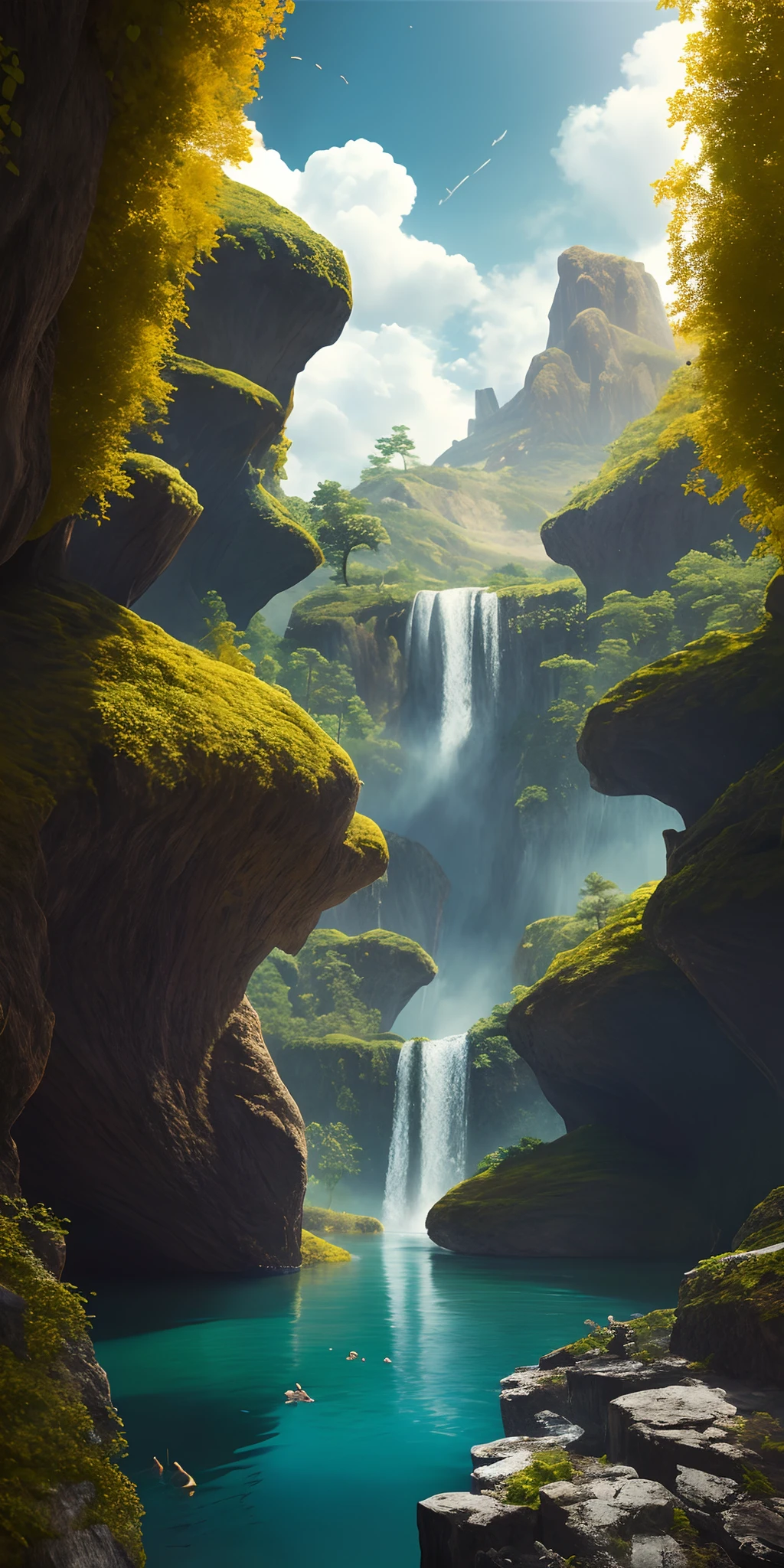 Masterpiece, best quality, high quality, extremely detailed CG unity 8k wallpaper, landscape, outdoor, sky, cloud, sky, no humans, mountain, landscape, water, tree, blue sky, waterfall, cliff, nature, lake, river , cloudy skies, award winning photography, bokeh, depth of field, HDR, bloom, chromatic aberration, photorealism, very detailed, trending on artstation, trending on CGsociety, intricate, high detail, dramatic, midjourney art