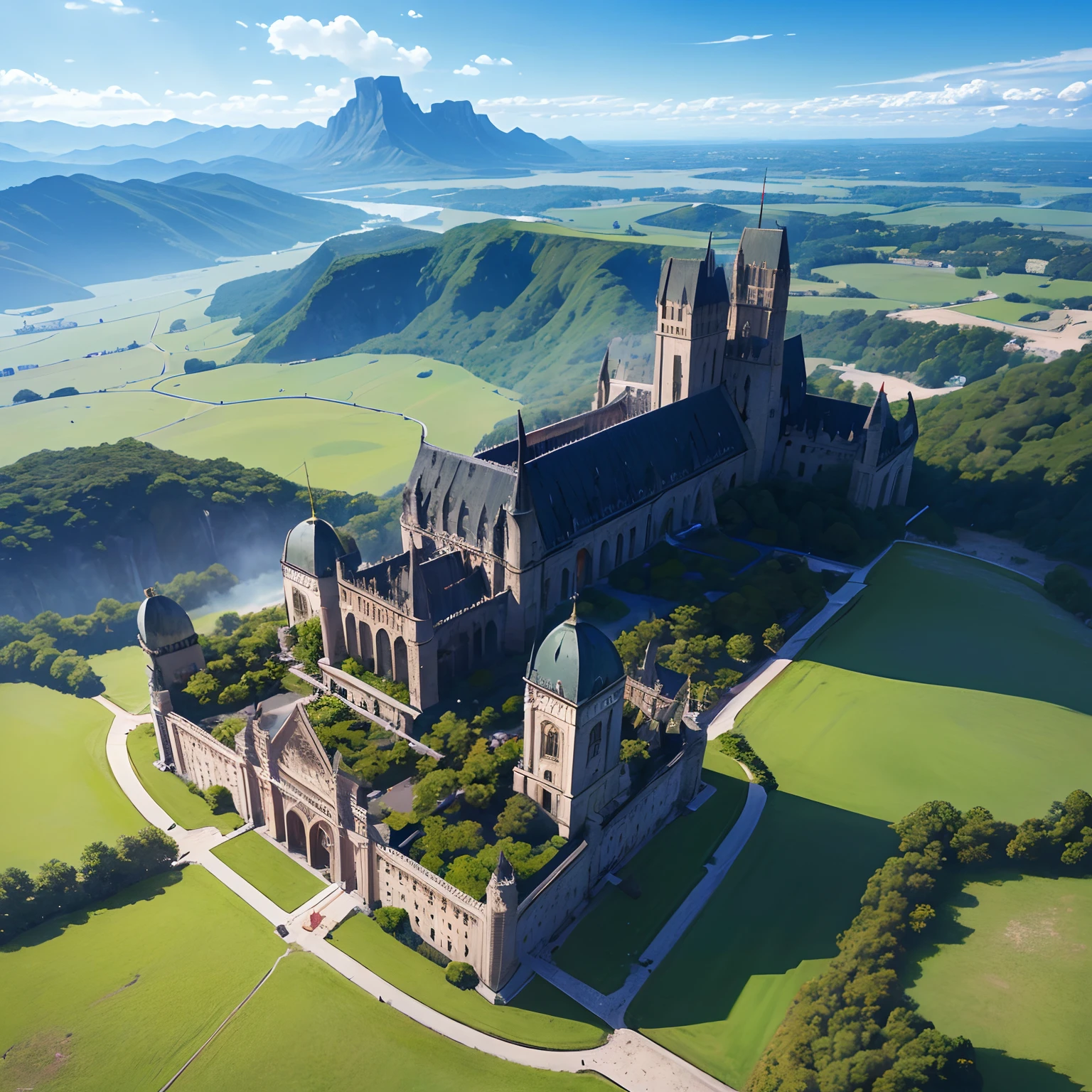 (best quality,4k,8k,highres,masterpiece:1.2),ultra-detailed,(realistic,photorealistic,photo-realistic:1.37),grassy plains, gigantic stone city, gold decorations, architectural beauty, shimmering sunlight, vibrant colors, lush vegetation, sprawling landscape, distant mountains, clear blue sky with a dragon flying over the city with great black wings sharp sword like teeth eyes red as blood