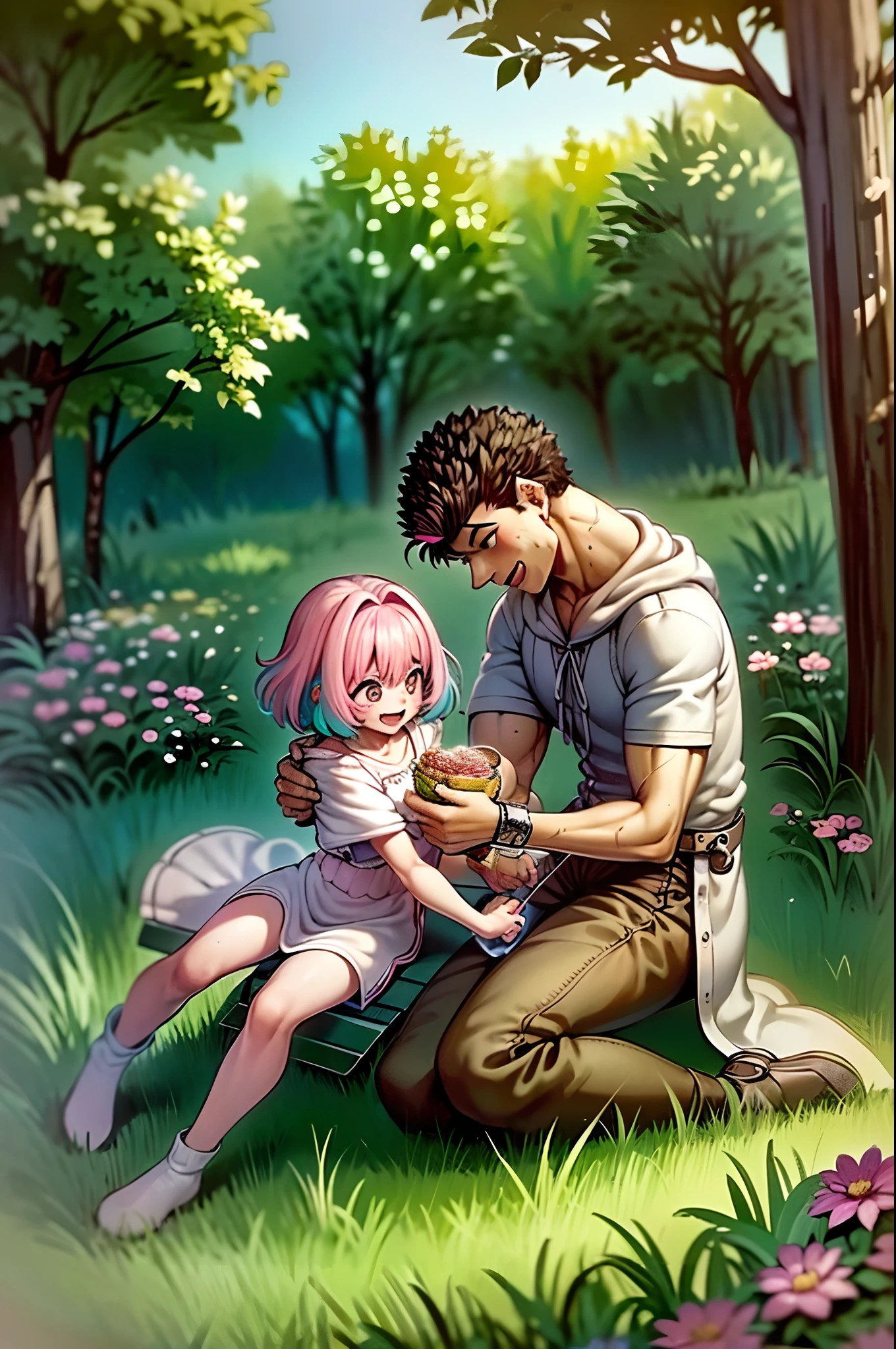 (a happy family in a picnic garden),(riamu as a motherly figure),(riamu and her husband spending quality time),(a couple enjoying the outdoors),(riamu's children playing and having fun),(guts as a loving and caring father),(a loving husband and wife),(riamu and her son sharing a joyful bond),(a happy and harmonious family),(the joyful laughter of children),(the warmth of family bonds),(a picturesque garden scene),(the vibrant colors of nature),(the soft sunlight filtering through the trees),(a peaceful and serene atmosphere),(guts and riamu surrounded by blooming flowers),(the scent of freshly cut grass),(a delicious picnic spread with a variety of food),(the sound of birds chirping),(the feeling of grass beneath their feet),(the love and happiness radiating from the family),(a moment of pure joy and togetherness),(a snapshot of a perfect family outing),(a memory to be cherished forever)