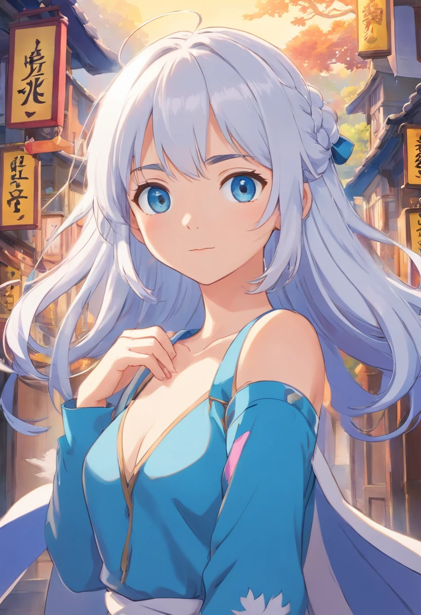 a girl1 anime character with white hair and blue eyes, character album cover, full art, antasy character, full art illustration, full portrait of elementalist, character profile art, official character art, official character illustration, merlin, high detailed official artwork, game key art, omoide emanon, oz, mobile game art, among us character