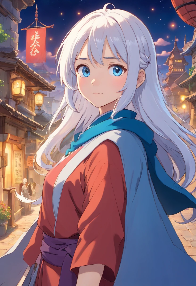 a girl1 anime character with white hair and blue eyes, character album cover, full art, antasy character, full art illustration, full portrait of elementalist, character profile art, official character art, official character illustration, merlin, high detailed official artwork, game key art, omoide emanon, oz, mobile game art, among us character
