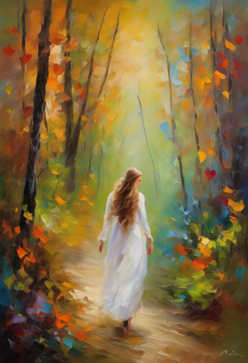 A girl walks through an enchanted forest. The forest is full of tall, slender trees with bright-colored leaves. The girl wears a long, white dress, and her hair is long and black. Her face is serene and peaceful, and her eyes are full of dreams.