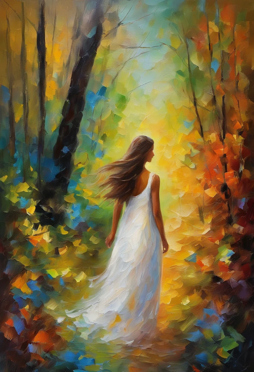 A girl walks through an enchanted forest. The forest is full of tall, slender trees with bright-colored leaves. The girl wears a long, white dress, and her hair is long and black. Her face is serene and peaceful, and her eyes are full of dreams.