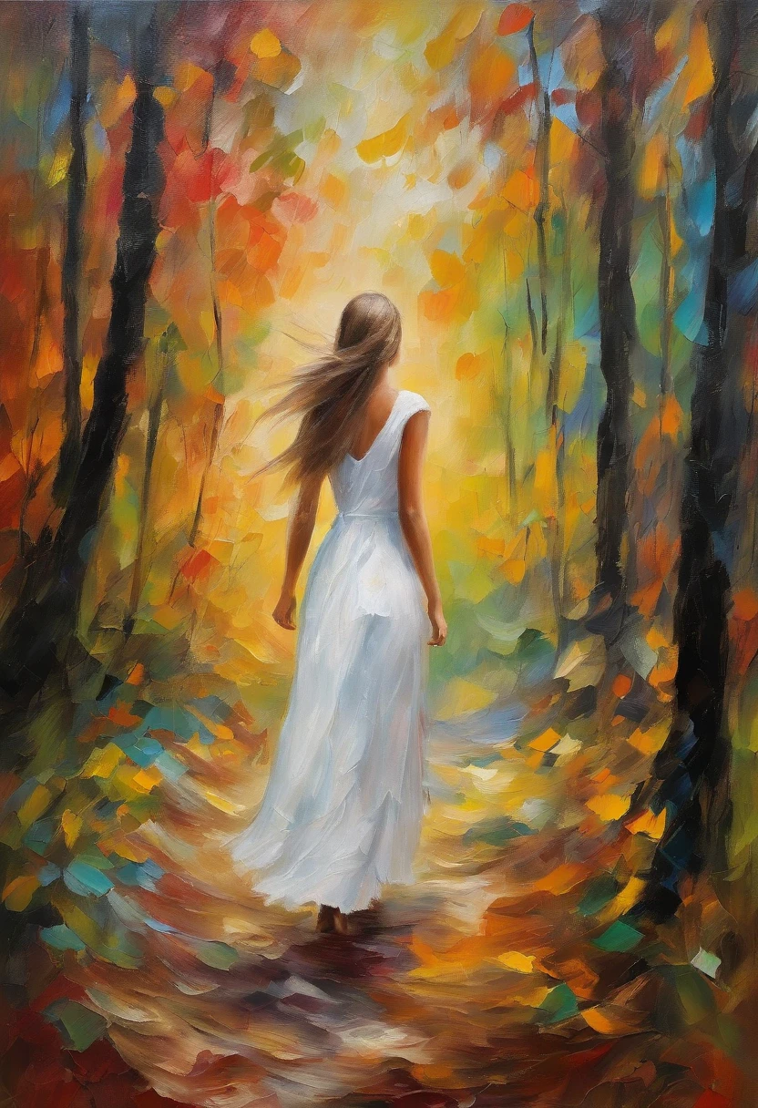 A girl walks through an enchanted forest. The forest is full of tall, slender trees with bright-colored leaves. The girl wears a long, white dress, and her hair is long and black. Her face is serene and peaceful, and her eyes are full of dreams.